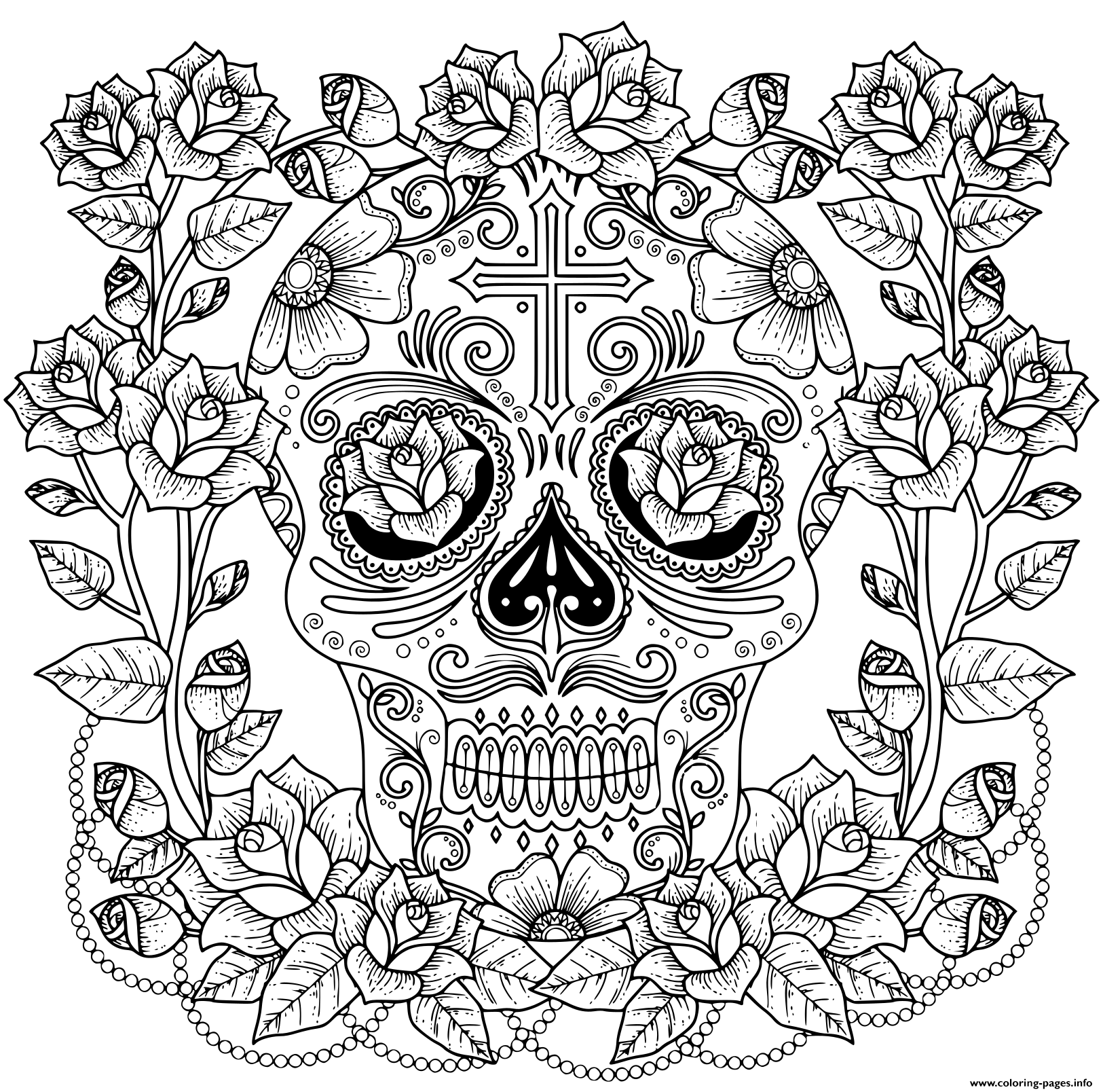 Fantastic Magnificent Skull Of Roses And Cross Model Anti Stress coloring