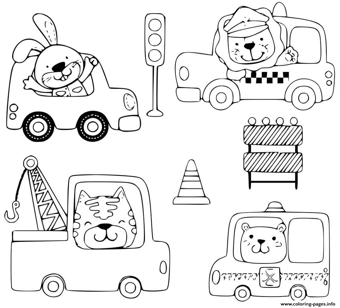 Animals Driving Vehicles Taxi Motor Ambulance Construction coloring