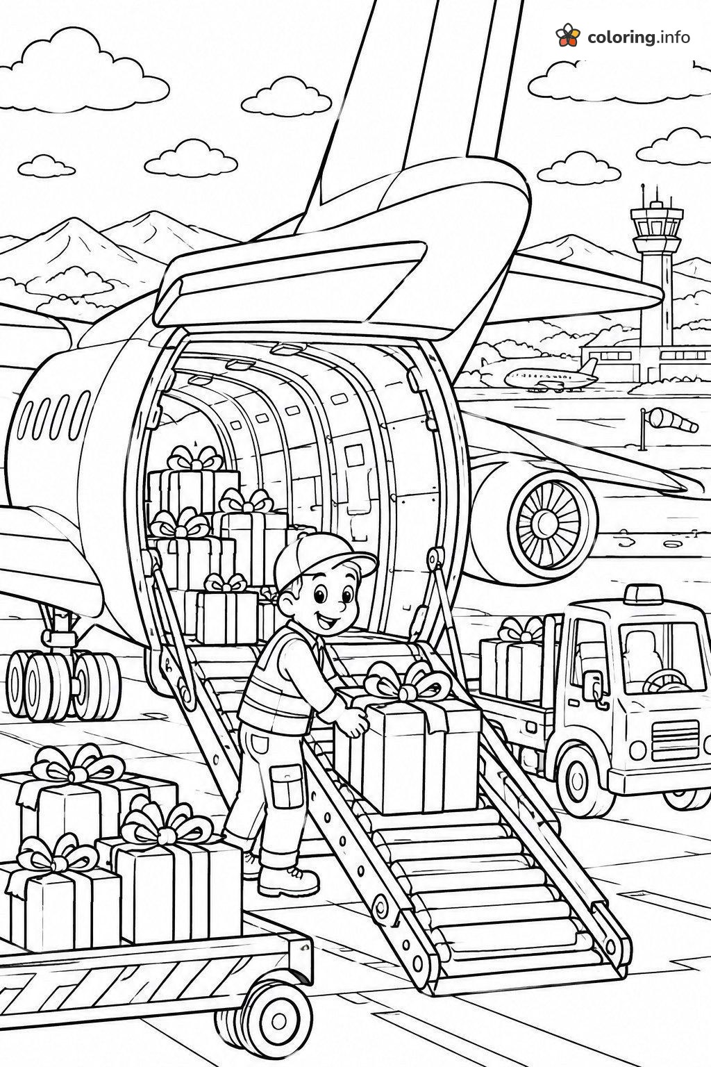 Airport Worker Carrying Gifts Off a Cargo Airplane coloring page Airport Worker Carrying Gifts Off a Cargo Airplane coloring page