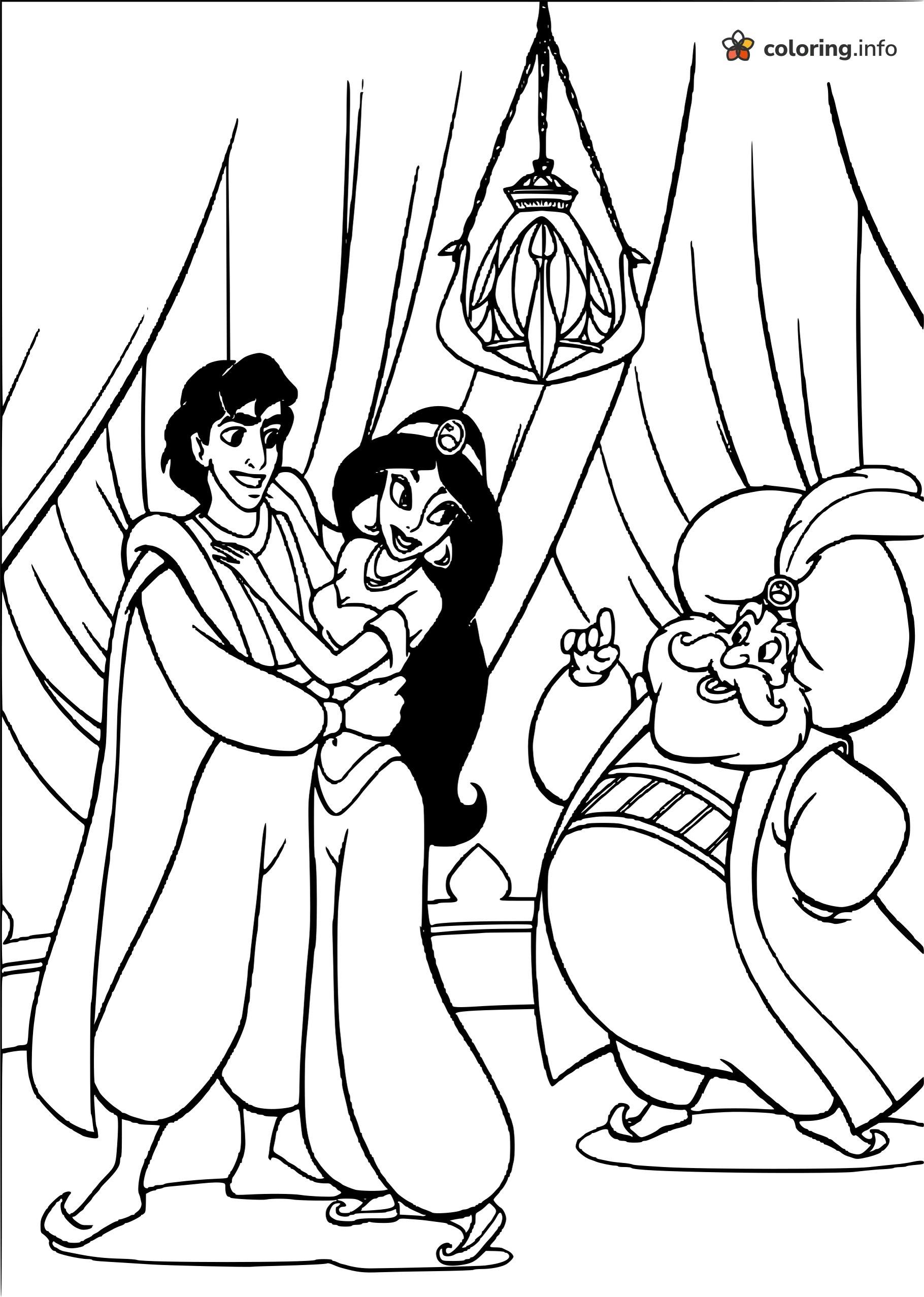 Happy Aladdin and Jasmine Hug with the Sultan Nearby coloring page Happy Aladdin and Jasmine Hug with the Sultan Nearby coloring page