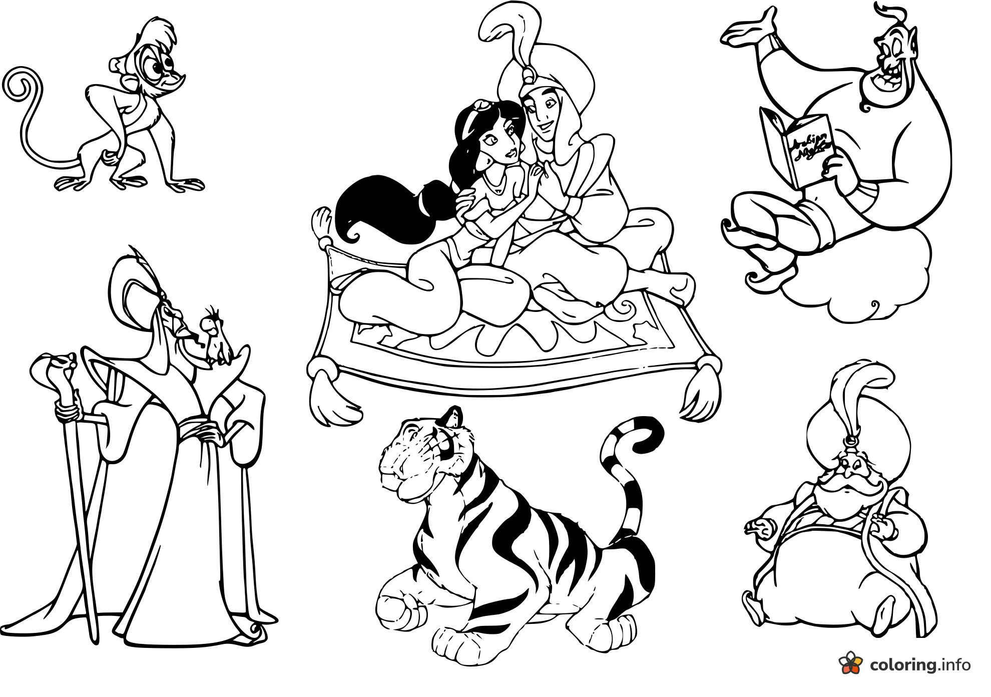 Aladdin Magic Carpet Collage With the Whole Gang coloring page Aladdin Magic Carpet Collage With the Whole Gang coloring page