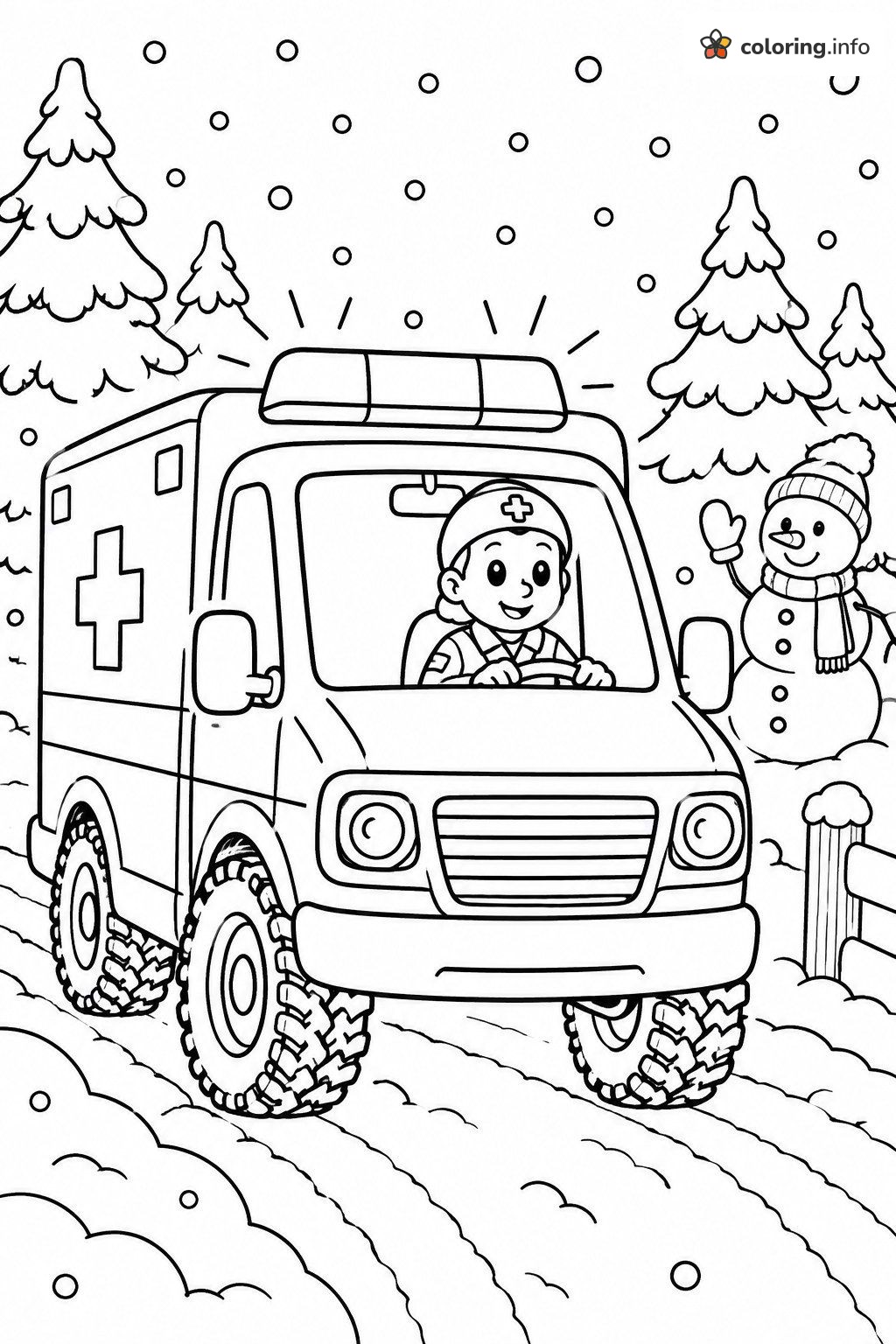 Winter Ambulance on a Snowy Road with a Waving Snowman printable coloring page Winter Ambulance on a Snowy Road with a Waving Snowman printable coloring page