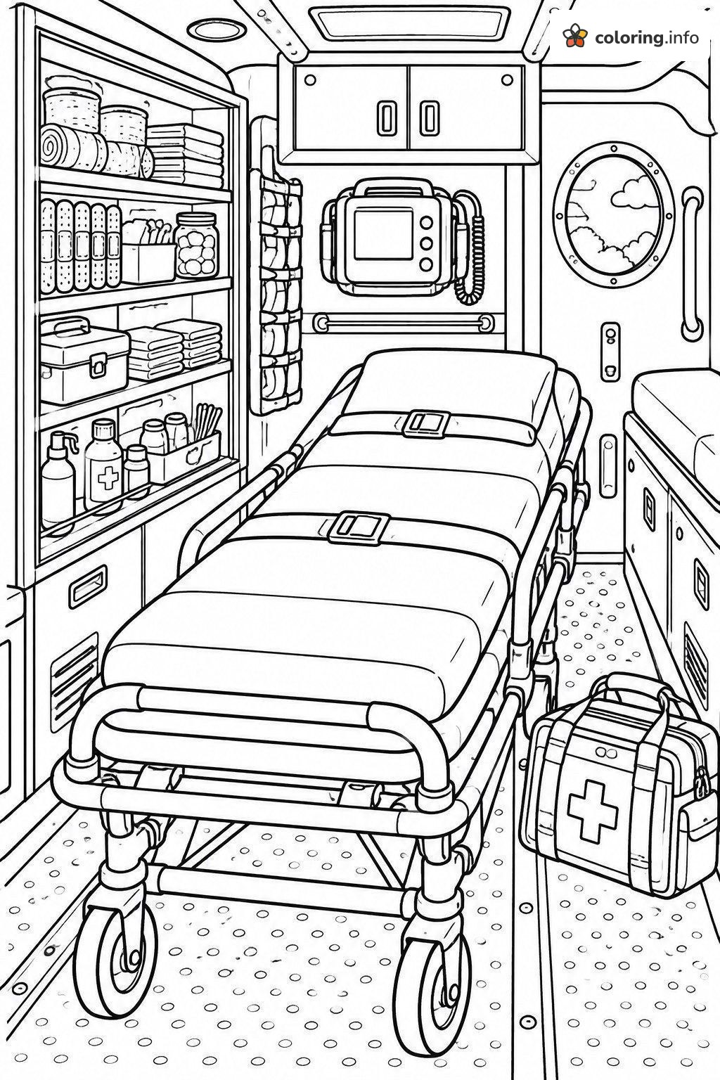 Inside the Back of an Ambulance with Stretcher coloring page Inside the Back of an Ambulance with Stretcher coloring page