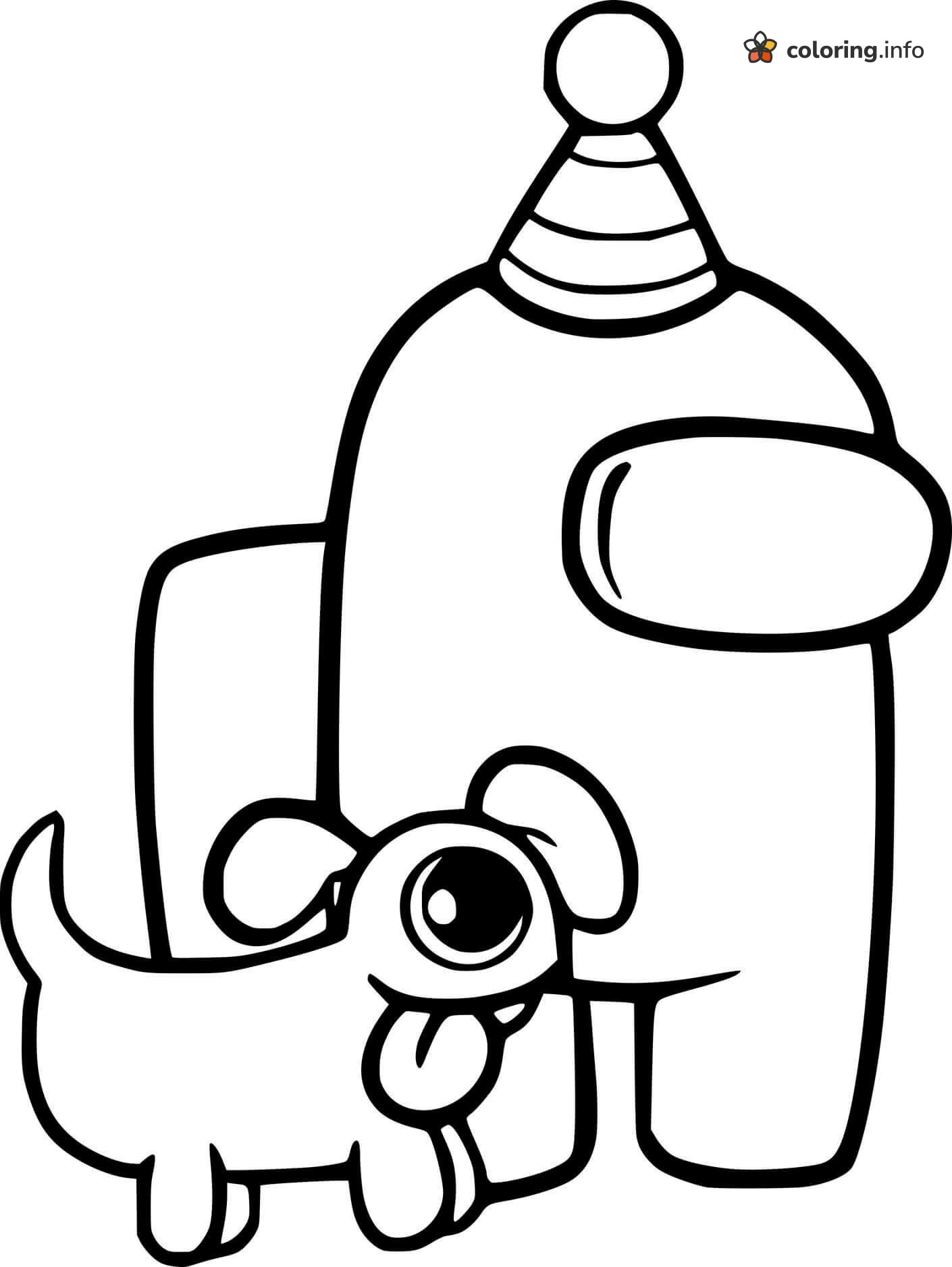 Party Hat Among Us Crewmate and Happy Puppy coloring page Party Hat Among Us Crewmate and Happy Puppy coloring page