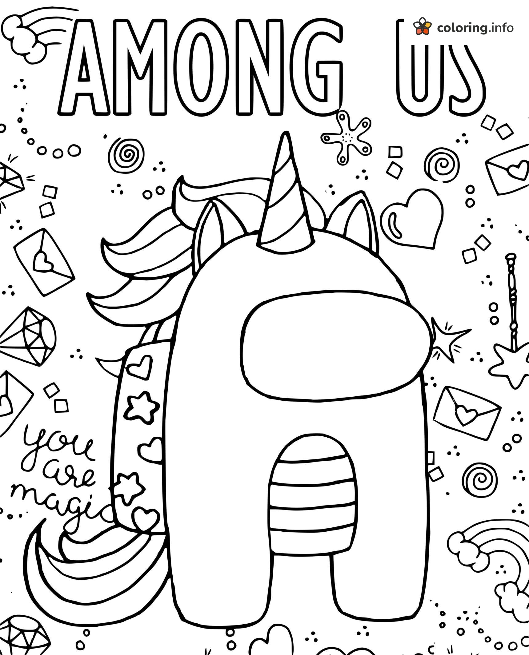 Unicorn Costume Among Us Crewmate With Hearts and Rainbows coloring sheet Unicorn Costume Among Us Crewmate With Hearts and Rainbows coloring sheet