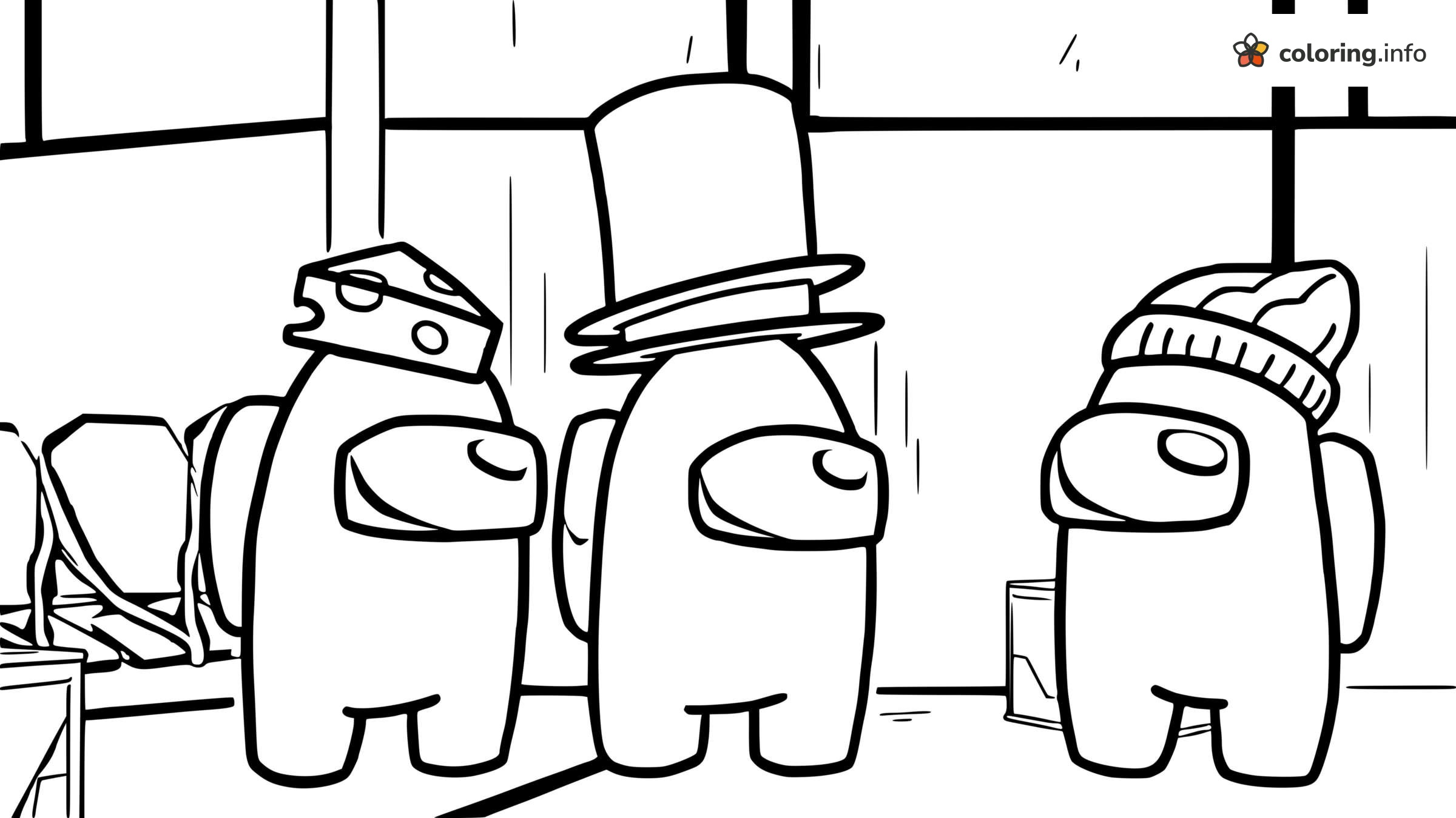 Three Among Us Crewmates in Cheese, Top Hat and Beanie coloring page Three Among Us Crewmates in Cheese, Top Hat and Beanie coloring page