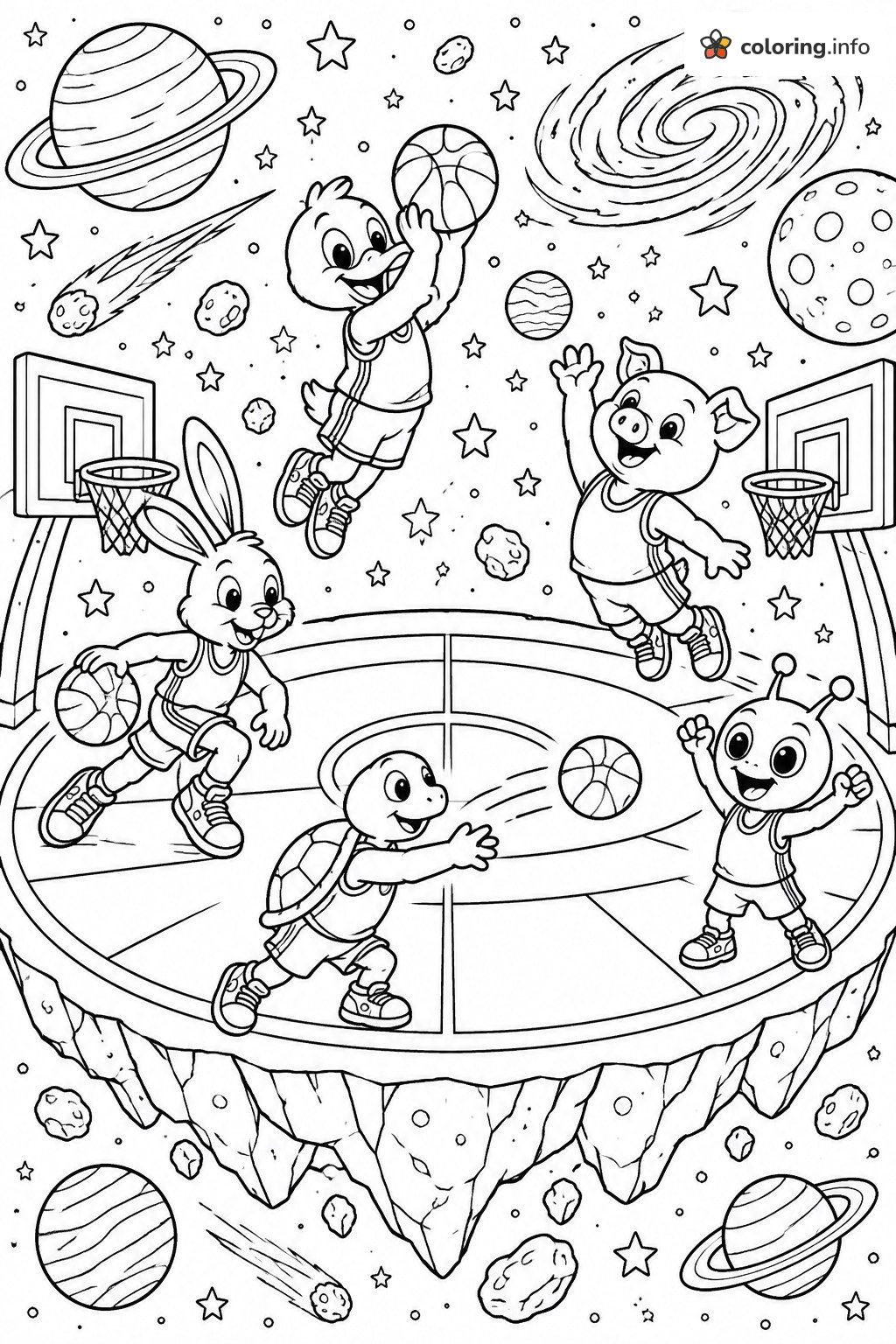 Animal Teams Playing Space Jam Basketball on a Floating Court printable coloring page Animal Teams Playing Space Jam Basketball on a Floating Court printable coloring page