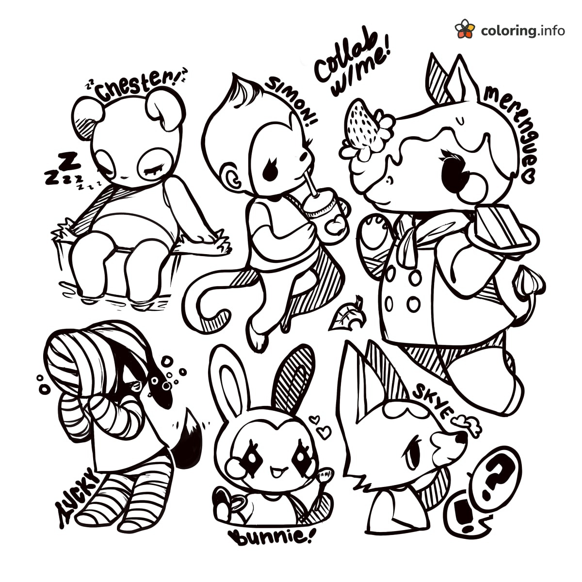 Sketch-Style Animal Crossing Villagers Chester, Simon and Merengue coloring page Sketch-Style Animal Crossing Villagers Chester, Simon and Merengue coloring page