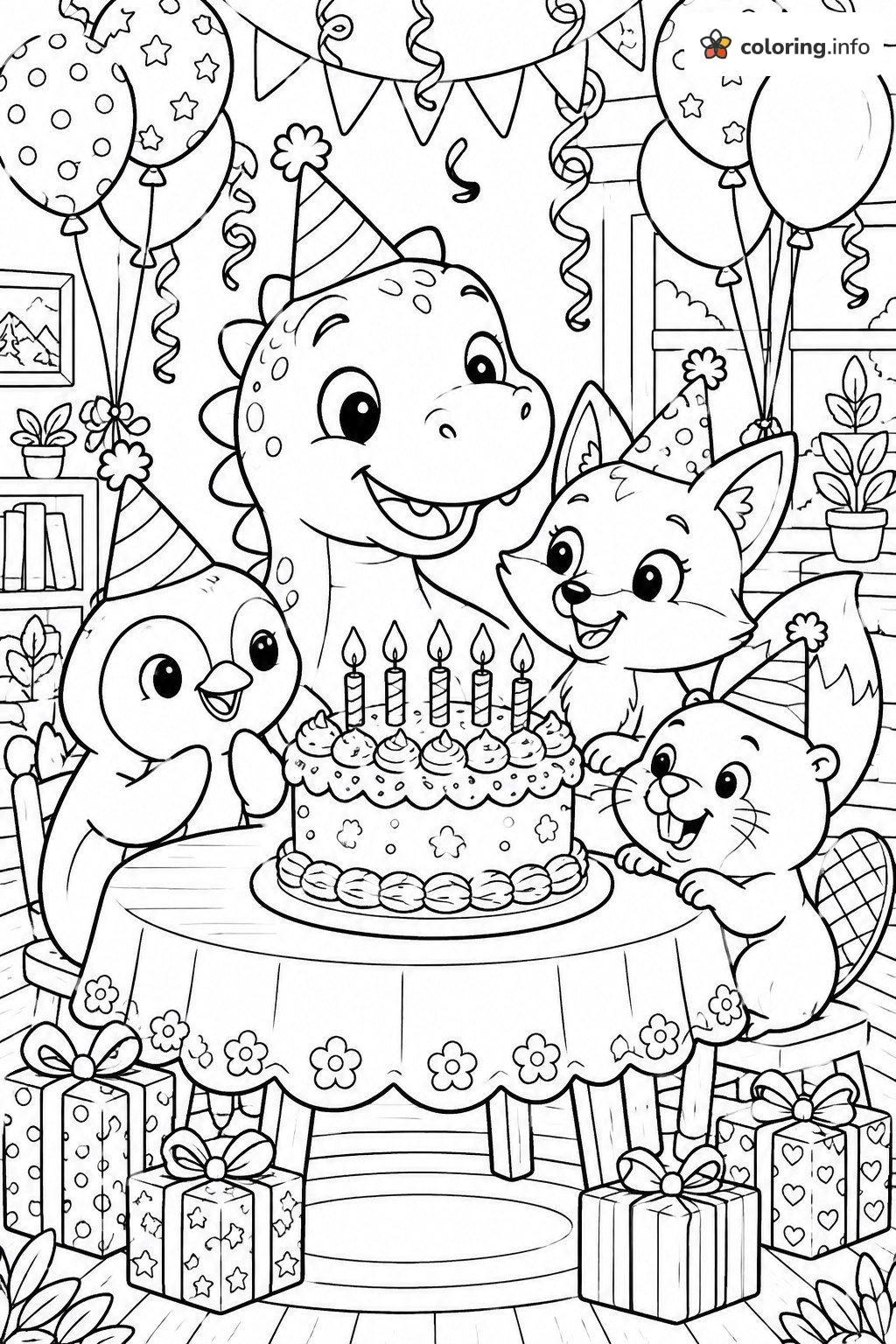 Birthday Cake Party With Pororo and Friends printable coloring page Birthday Cake Party With Pororo and Friends printable coloring page