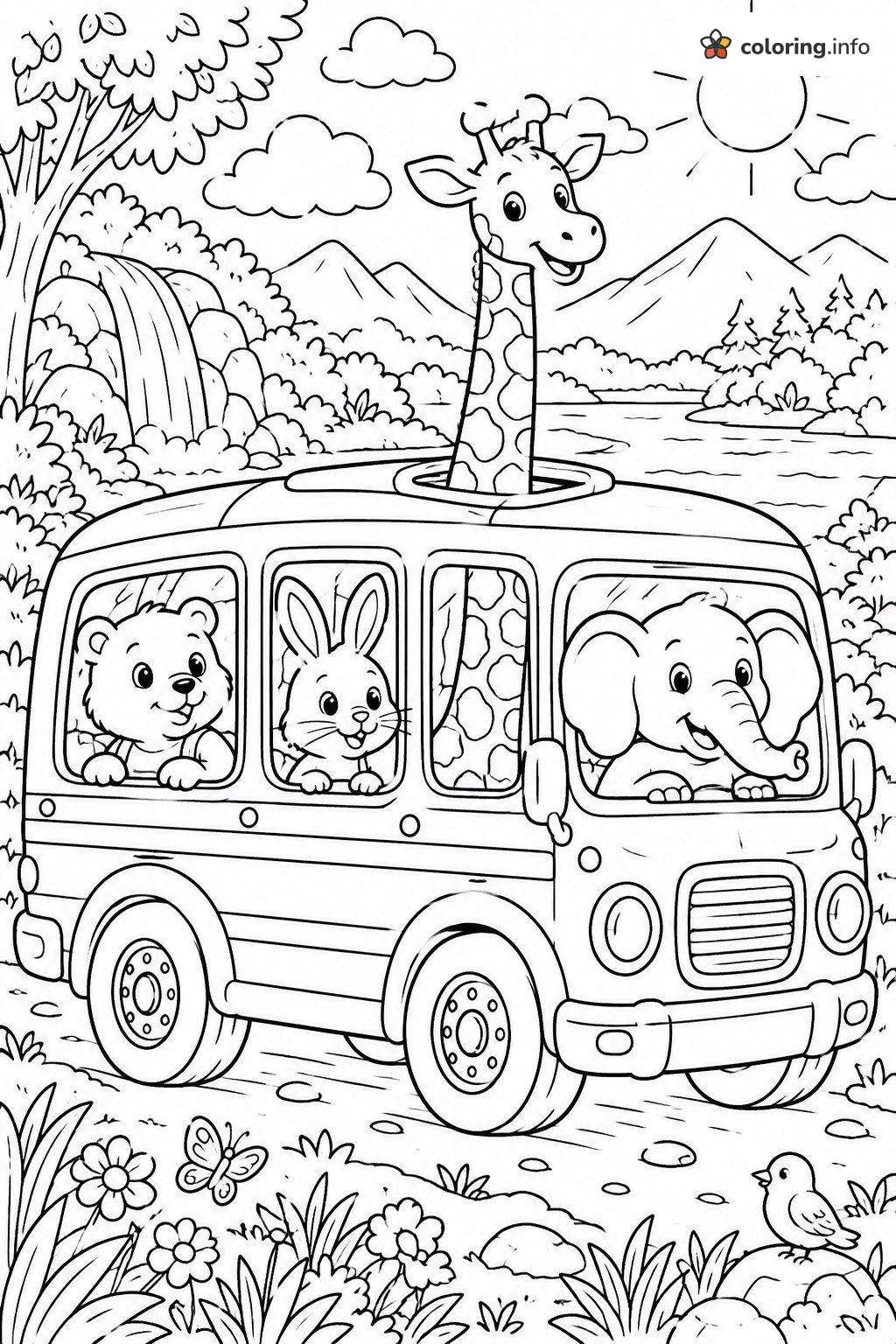 Giraffe, Bear, Bunny and Elephant on a Countryside Bus Ride coloring page Giraffe, Bear, Bunny and Elephant on a Countryside Bus Ride coloring page
