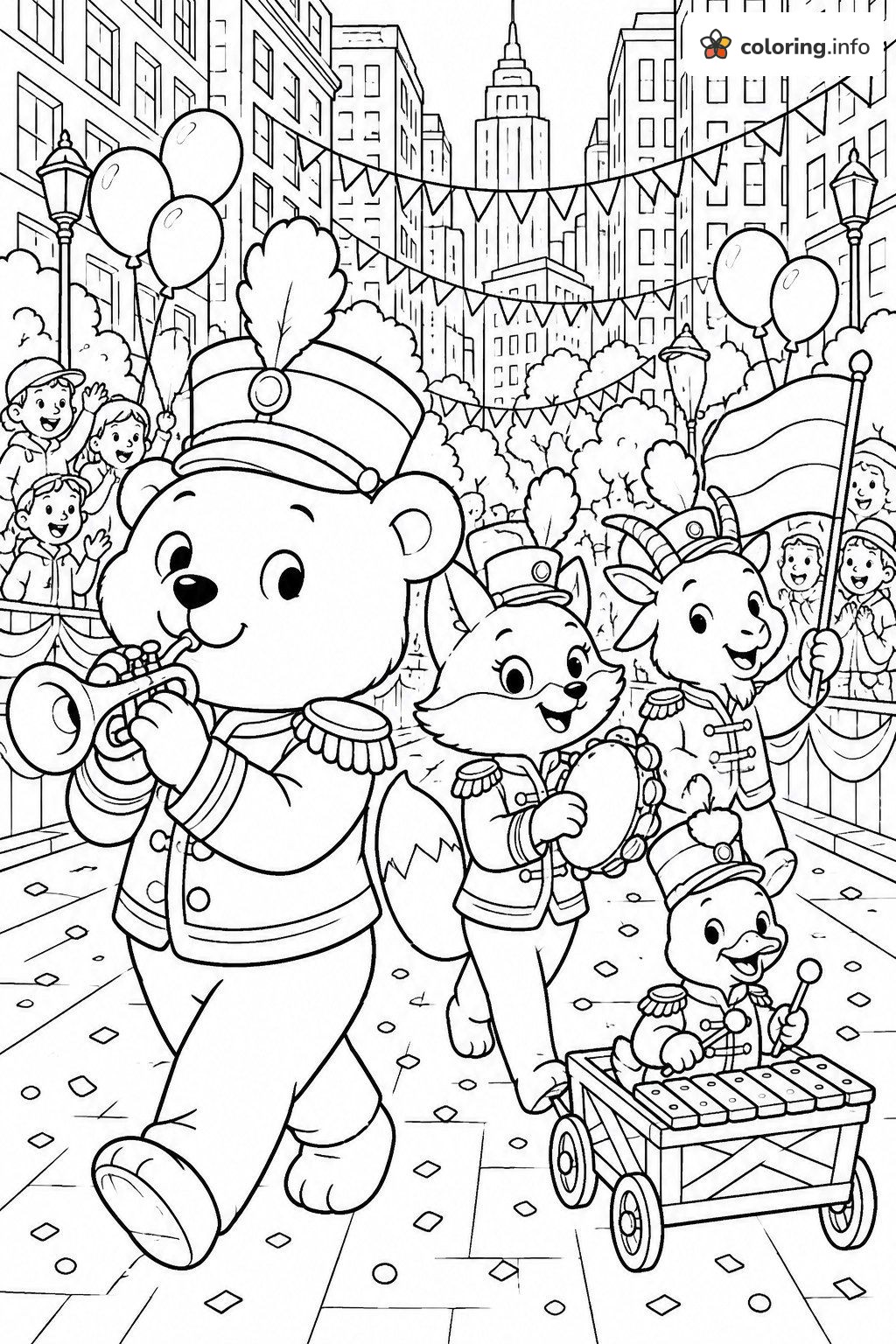 Animal Marching Band Parade, a Sing (movie) Street Scene printable coloring page Animal Marching Band Parade, a Sing (movie) Street Scene printable coloring page