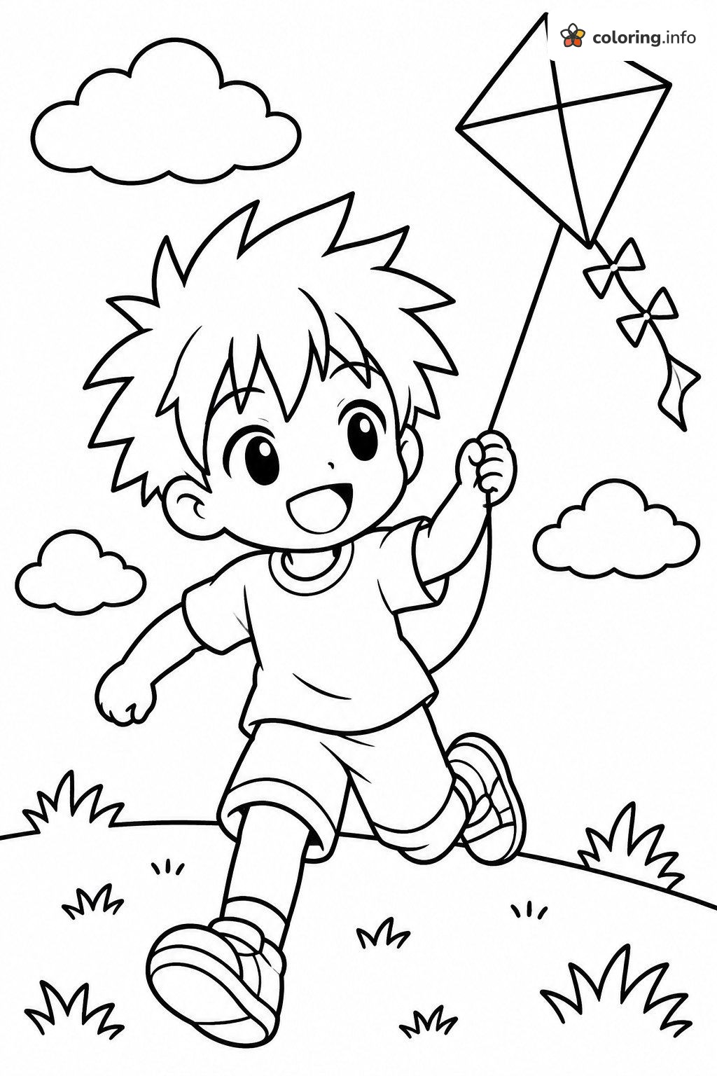 Kite Runner Anime Style Boy on a Grassy Hill coloring sheet Kite Runner Anime Style Boy on a Grassy Hill coloring sheet
