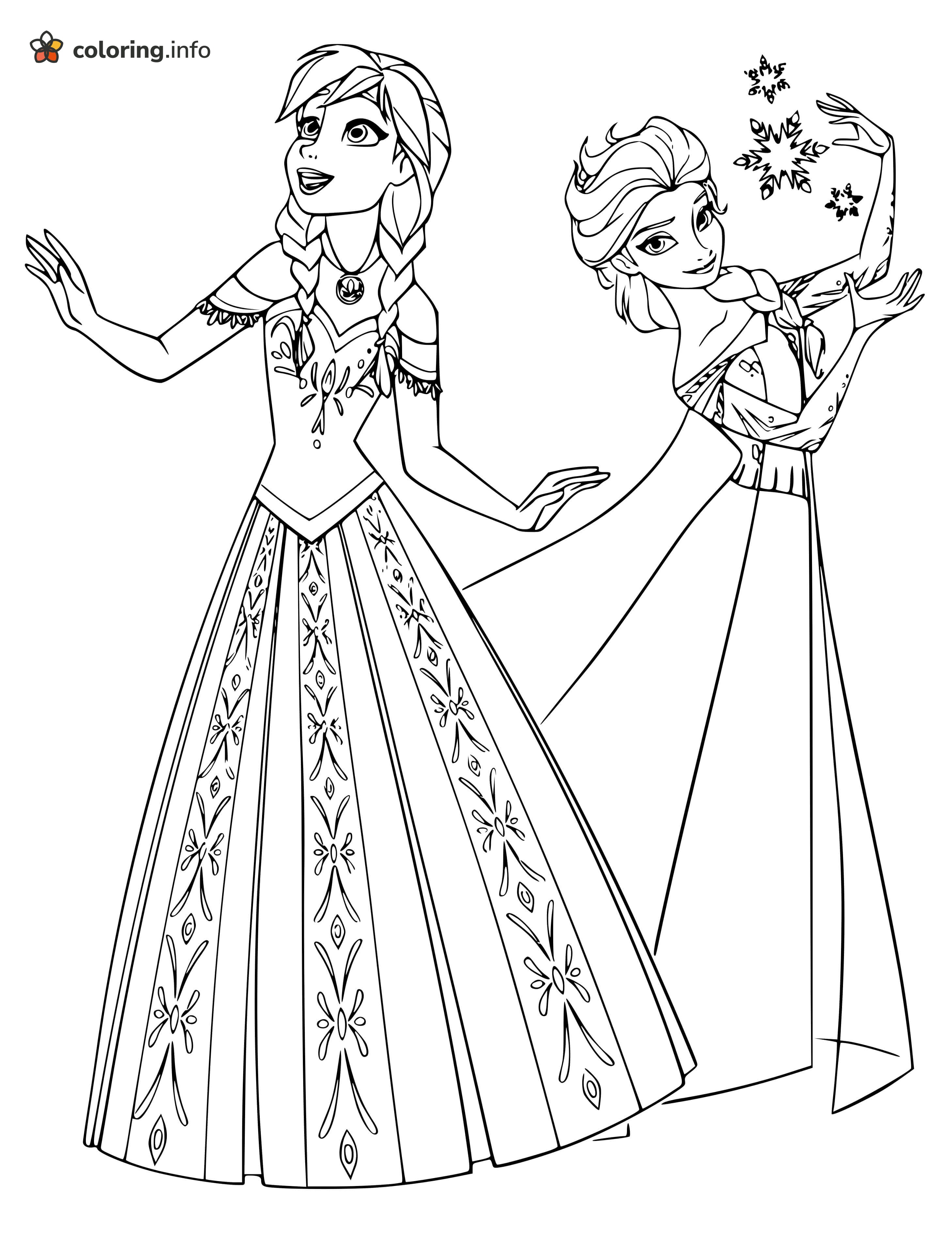 Two Sisters in Gowns, Elsa (Frozen) and Anna With Snowflakes coloring page Two Sisters in Gowns, Elsa (Frozen) and Anna With Snowflakes coloring page