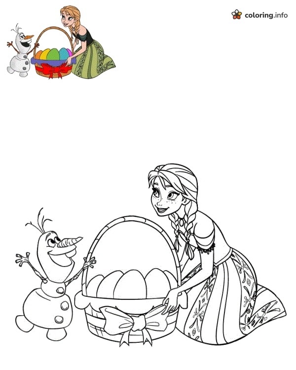 Olaf and Anna Beside a Big Basket, Disney Easter Coloring Sheet Olaf and Anna Beside a Big Basket, Disney Easter Coloring Sheet