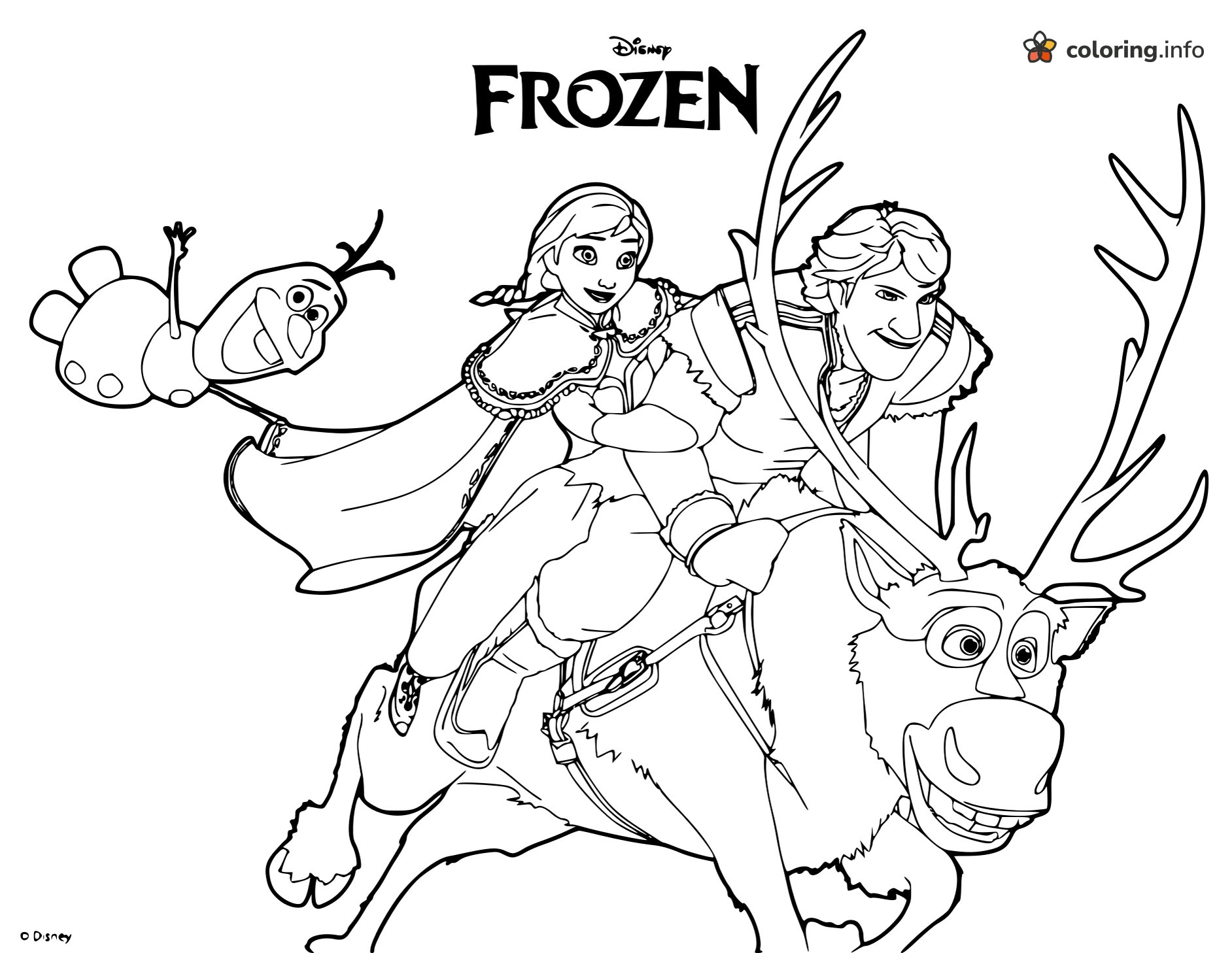 Racing Sven, Anna, Kristoff and Olaf (Frozen) printable coloring page Racing Sven, Anna, Kristoff and Olaf (Frozen) printable coloring page