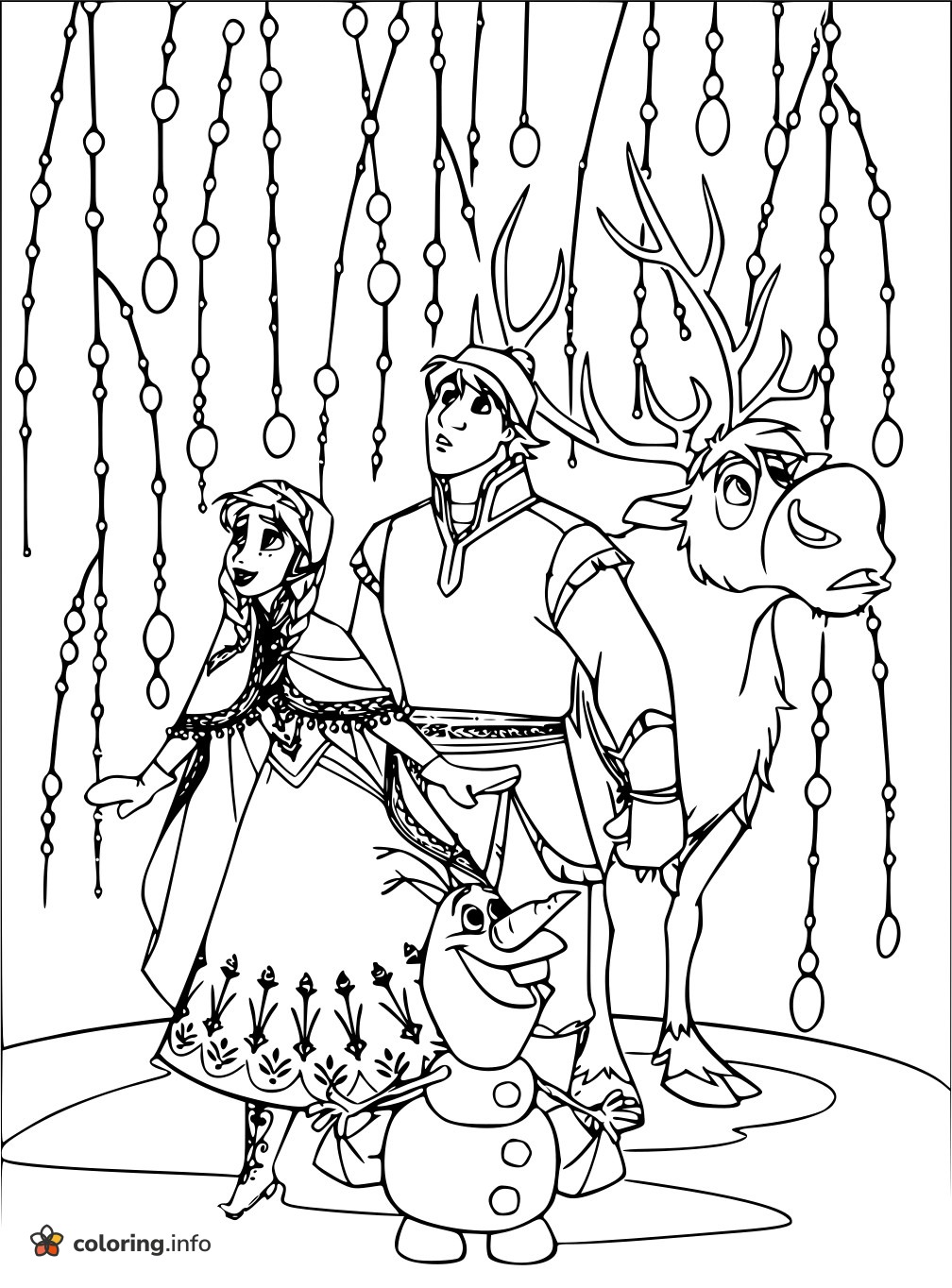 Anna, Kristoff, Sven and Olaf Under Icicles, Elsa (Frozen) Series printable coloring page Anna, Kristoff, Sven and Olaf Under Icicles, Elsa (Frozen) Series printable coloring page