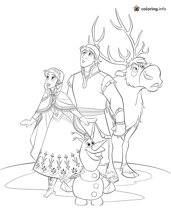 Anna, Kristoff, Sven and Olaf (Frozen) Looking Up printable coloring page Anna, Kristoff, Sven and Olaf (Frozen) Looking Up printable coloring page