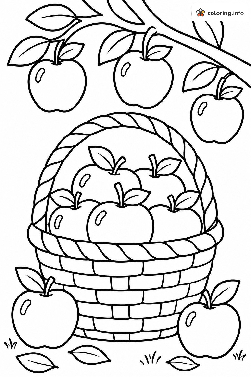 Basket of Apples Under a Fall Tree Branch coloring page Basket of Apples Under a Fall Tree Branch coloring page