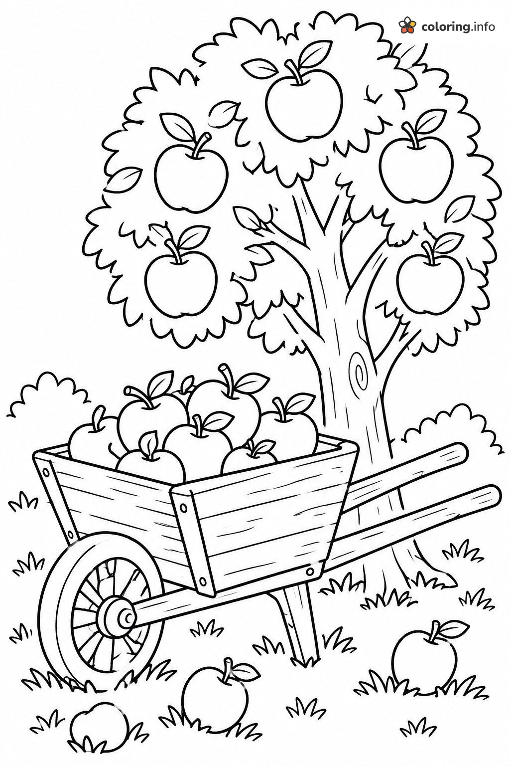 Wheelbarrow of Fresh Apples Under a Tree coloring page Wheelbarrow of Fresh Apples Under a Tree coloring page