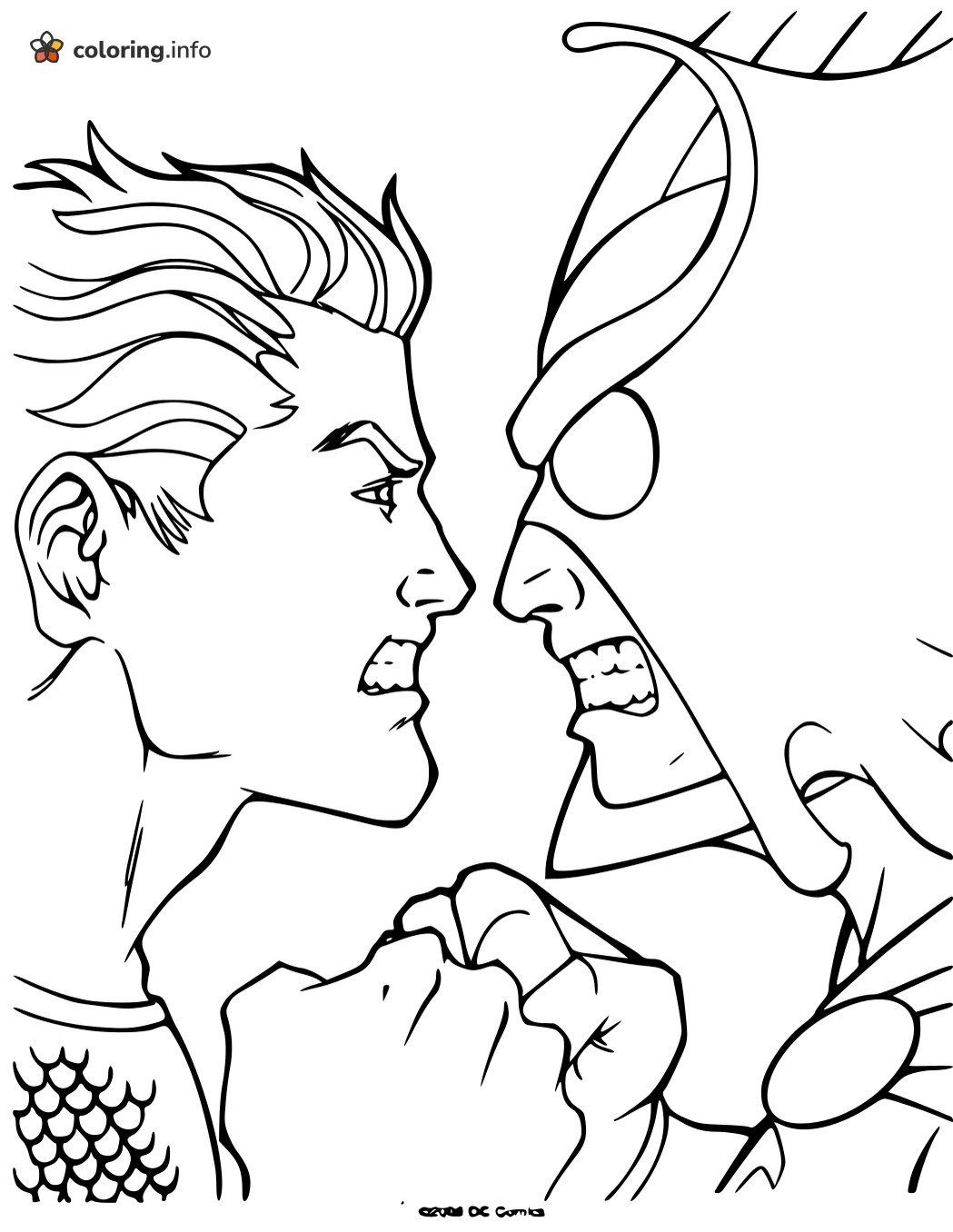 Nose to Nose: Aquaman Versus a Helmeted Rival coloring page Nose to Nose: Aquaman Versus a Helmeted Rival coloring page