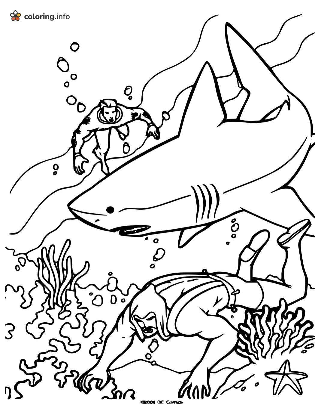Shark and Scuba Diver Share the Sea With Aquaman coloring page Shark and Scuba Diver Share the Sea With Aquaman coloring page