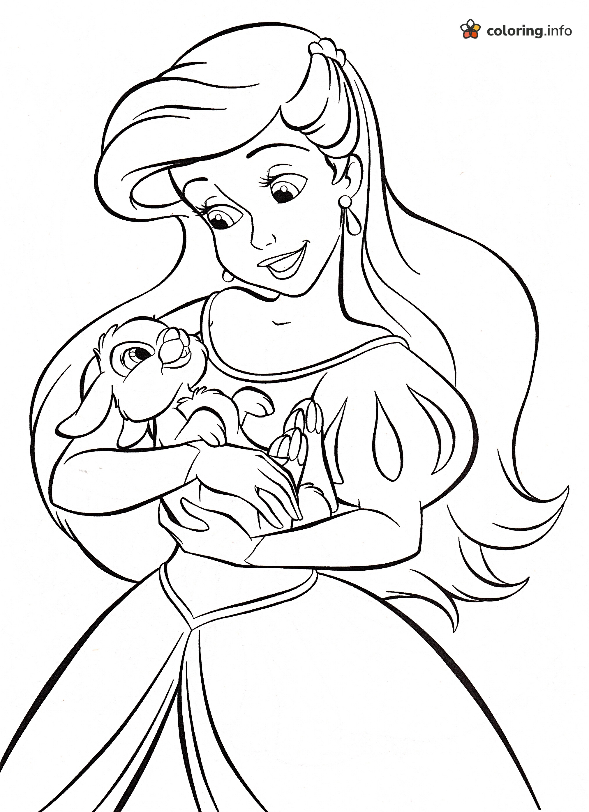 Gown-Wearing Ariel Cuddling a Bunny, The Little Mermaid coloring page Gown-Wearing Ariel Cuddling a Bunny, The Little Mermaid coloring page