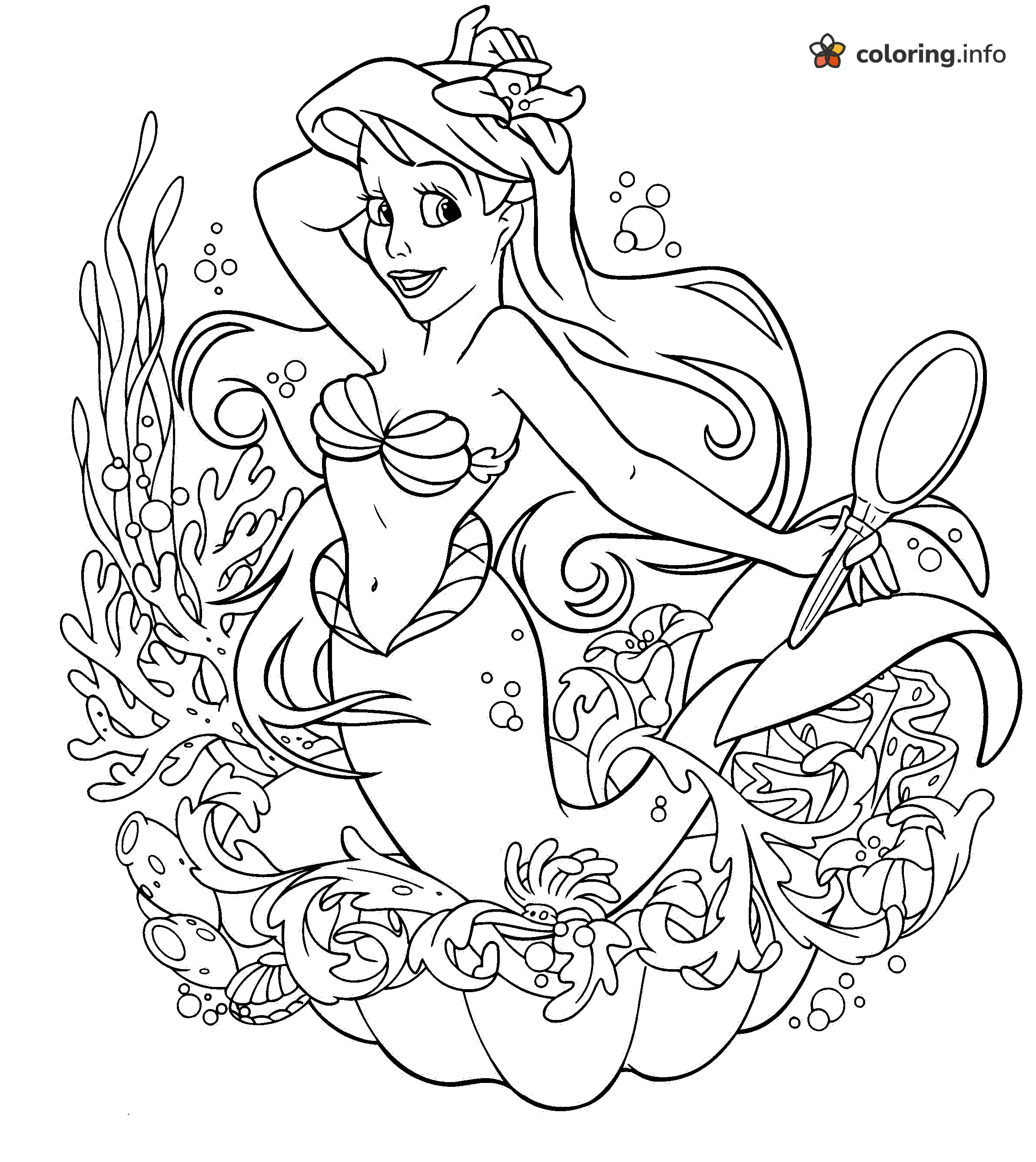 Hand Mirror Ariel Among Coral and Seaweed in The Little Mermaid coloring page Hand Mirror Ariel Among Coral and Seaweed in The Little Mermaid coloring page