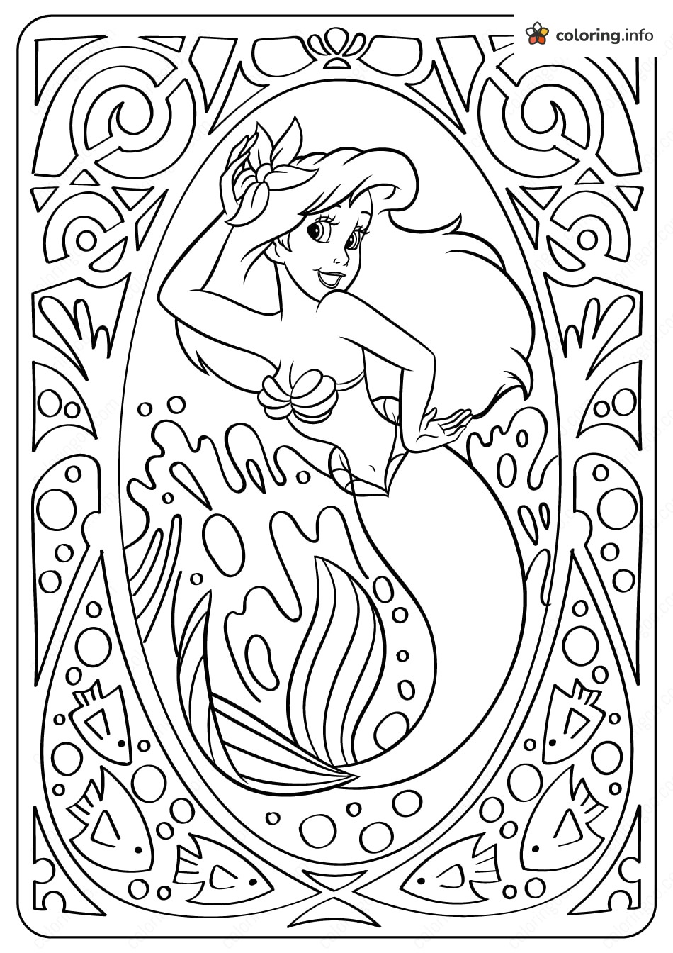 Ornate Oval Frame Ariel Pose from The Little Mermaid coloring page Ornate Oval Frame Ariel Pose from The Little Mermaid coloring page