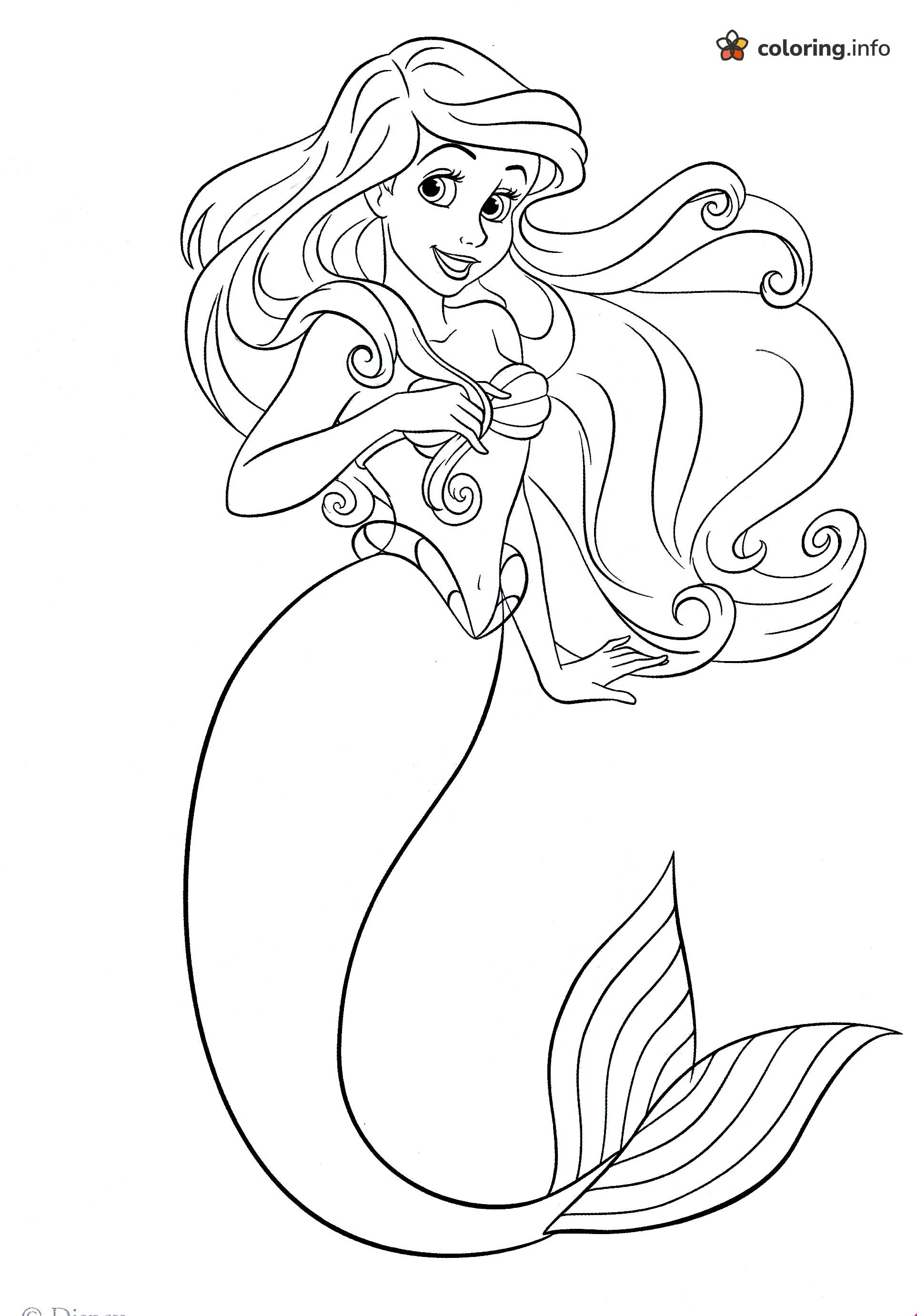 Long-Haired Ariel Mermaid Line Art from The Little Mermaid coloring page Long-Haired Ariel Mermaid Line Art from The Little Mermaid coloring page