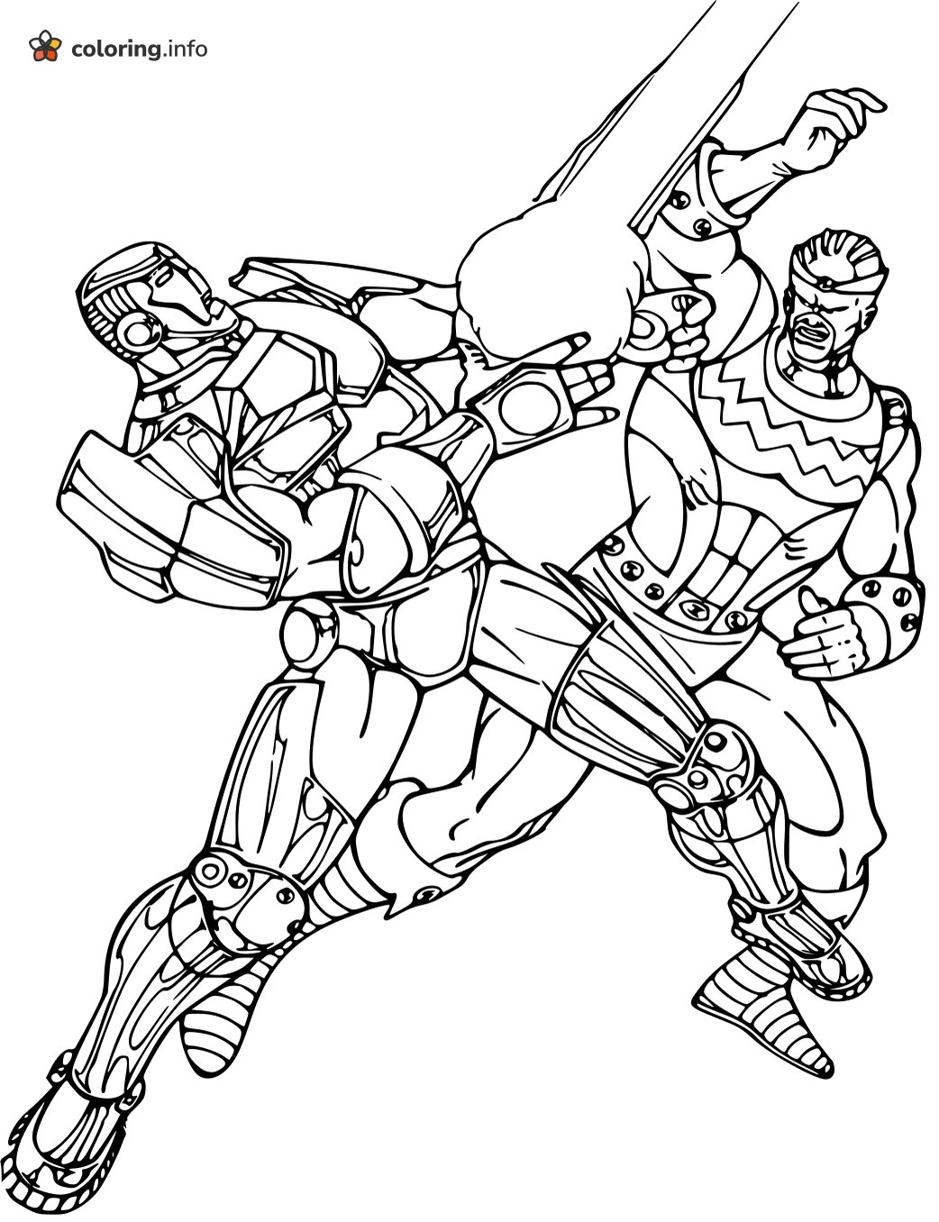 Iron Man Style Hero Punching a Zigzag-Collar Warrior coloring sheet Iron Man Style Hero Punching a Zigzag-Collar Warrior coloring sheet