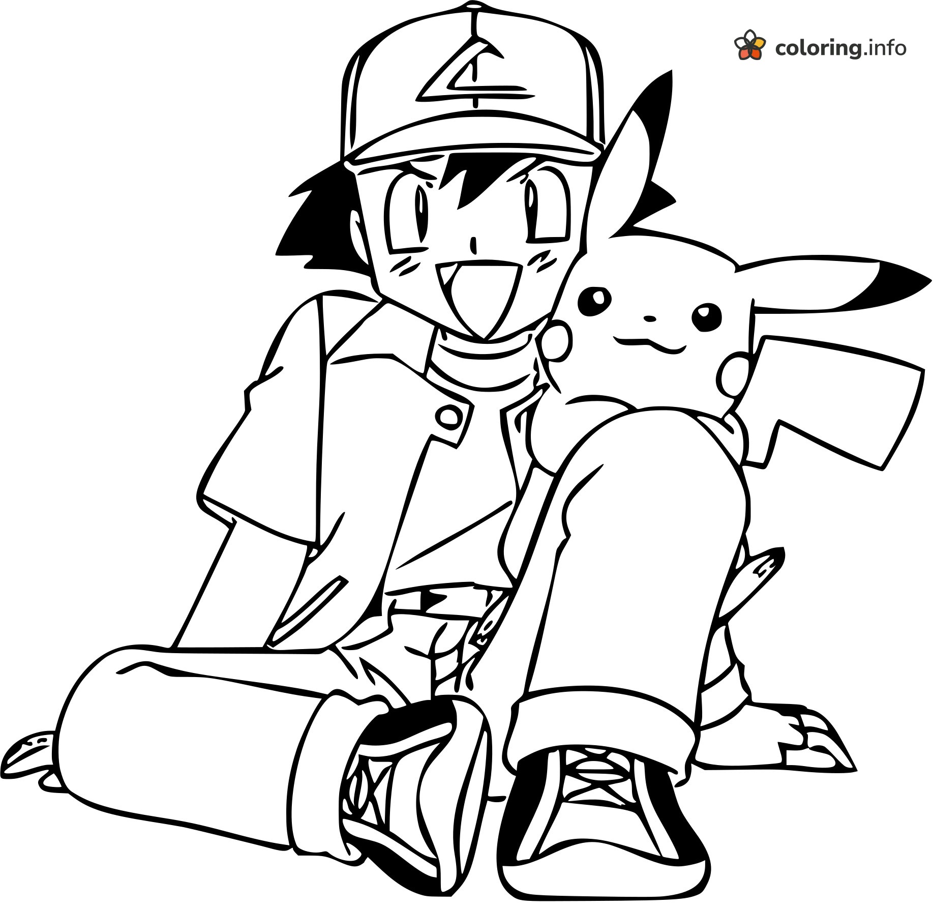 Grinning Ash and Pikachu Sitting on the Ground coloring page Grinning Ash and Pikachu Sitting on the Ground coloring page