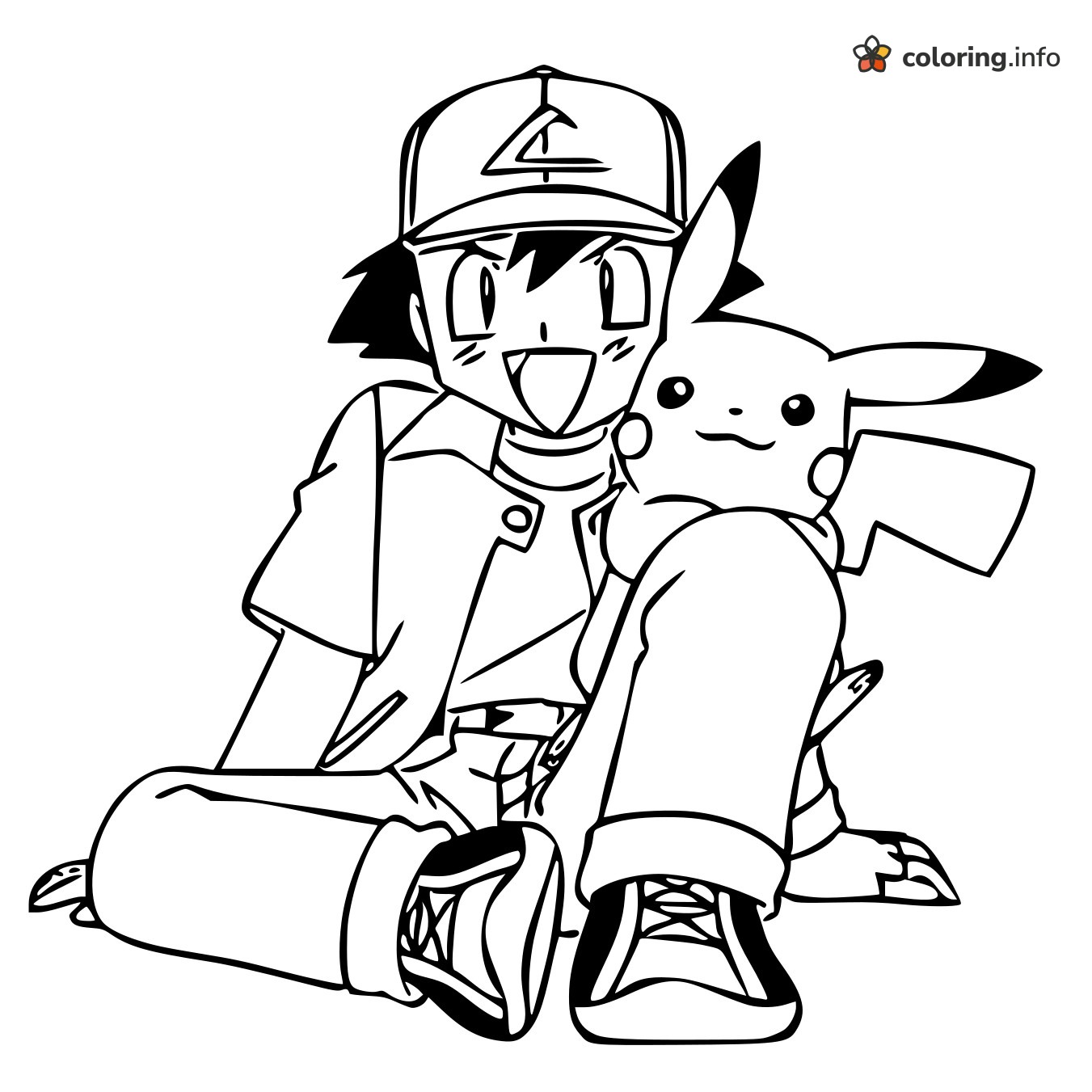 Pokémon Pals Ash and Pikachu Sitting Together coloring sheet Pokémon Pals Ash and Pikachu Sitting Together coloring sheet