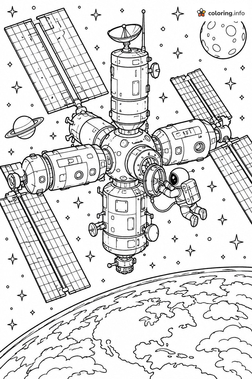 Space Station Spacewalk Above Earth, Solar System & Space Page printable coloring page Space Station Spacewalk Above Earth, Solar System & Space Page printable coloring page