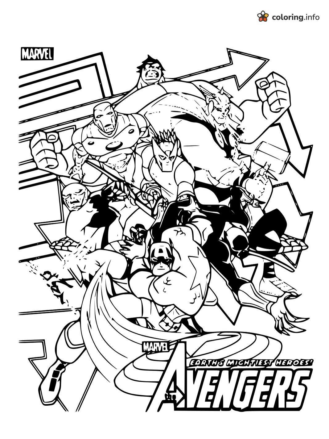 Earth's Mightiest Heroes Avengers Team Bursting Forward coloring sheet Earth's Mightiest Heroes Avengers Team Bursting Forward coloring sheet