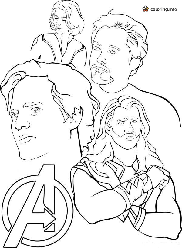 Four Hero Portraits Around the Avengers Logo coloring page Four Hero Portraits Around the Avengers Logo coloring page