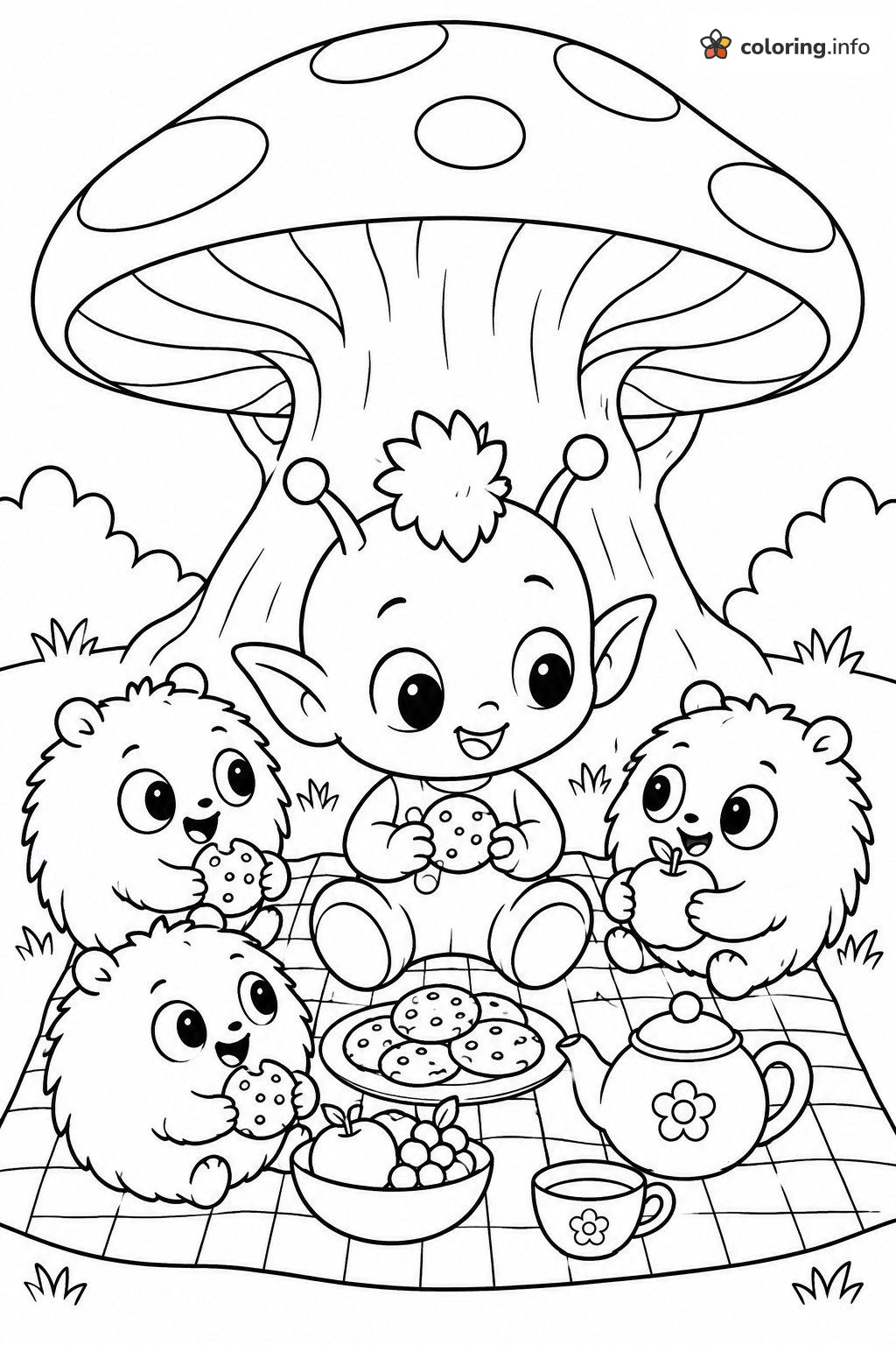 Mushroom Picnic with Fluffy Friends, Baby Yoda (Star Wars) coloring page Mushroom Picnic with Fluffy Friends, Baby Yoda (Star Wars) coloring page