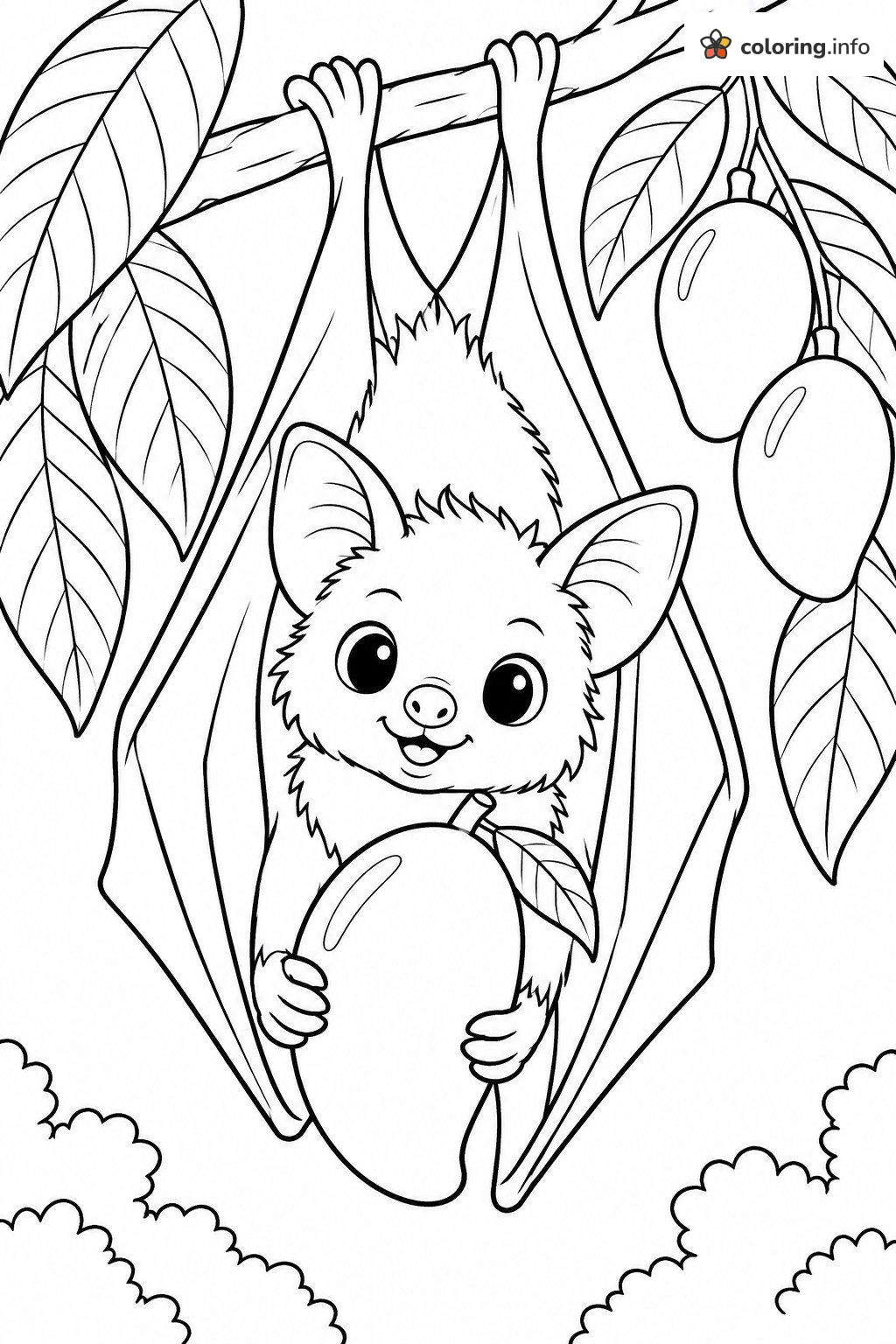 Baby Bat Holding a Mango on a Branch printable coloring page Baby Bat Holding a Mango on a Branch printable coloring page