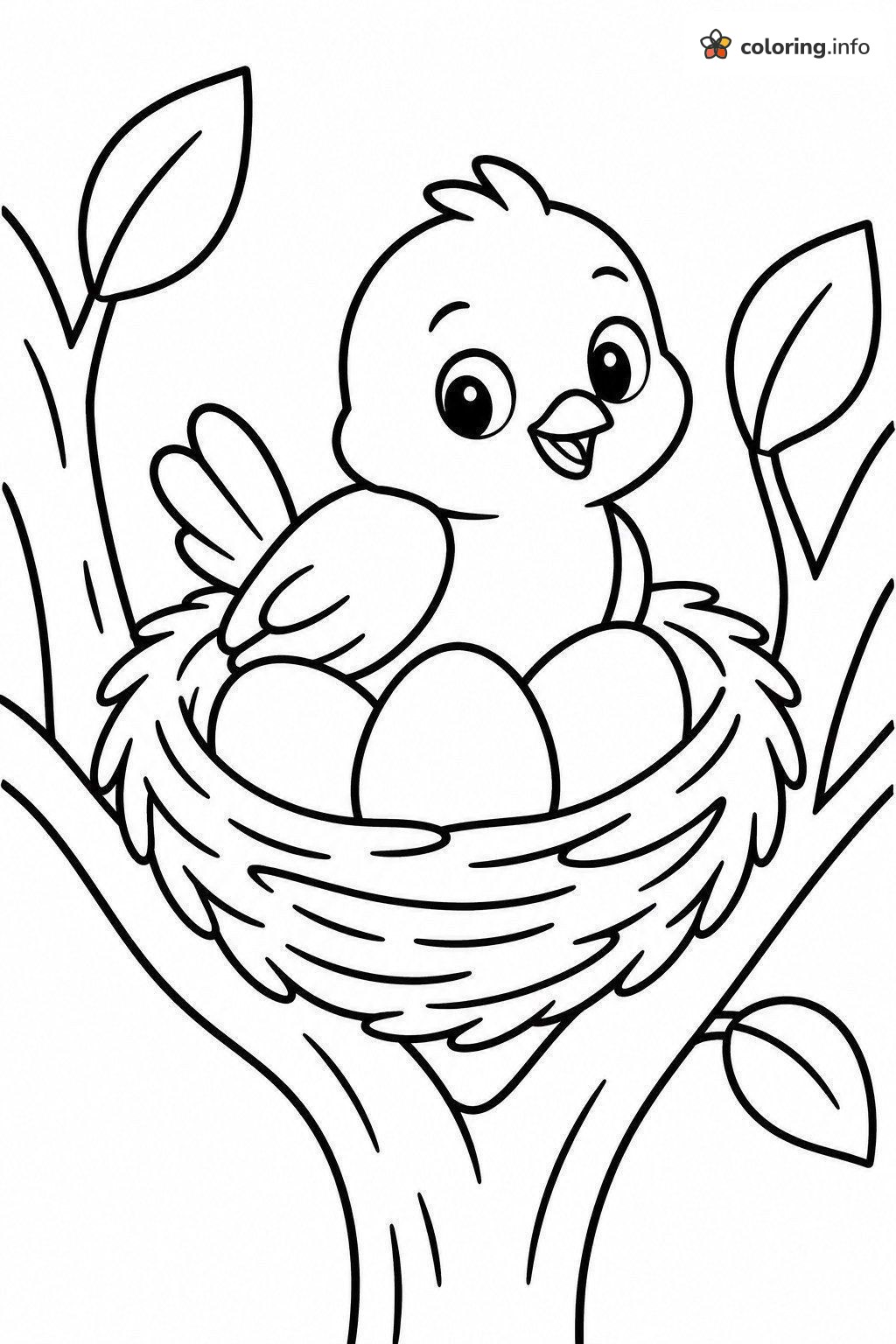 Baby Bird in a Nest with Three Eggs in a Tree coloring page Baby Bird in a Nest with Three Eggs in a Tree coloring page