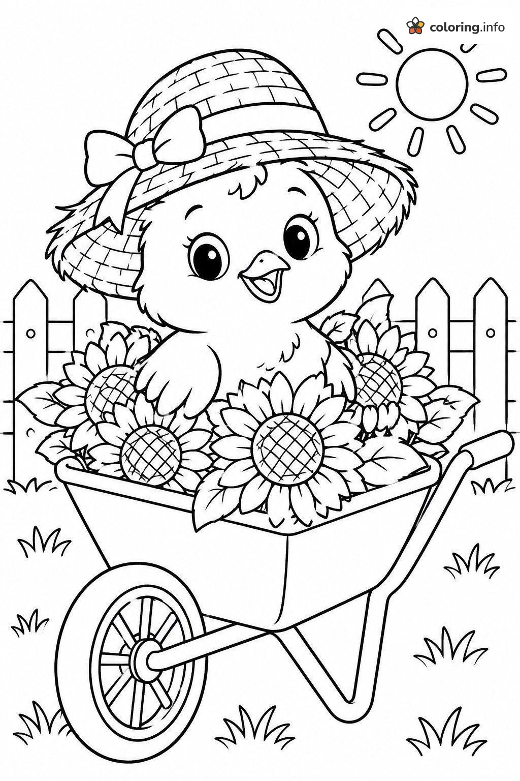 Straw Hat Chicken in a Sunflower Wheelbarrow printable coloring page Straw Hat Chicken in a Sunflower Wheelbarrow printable coloring page
