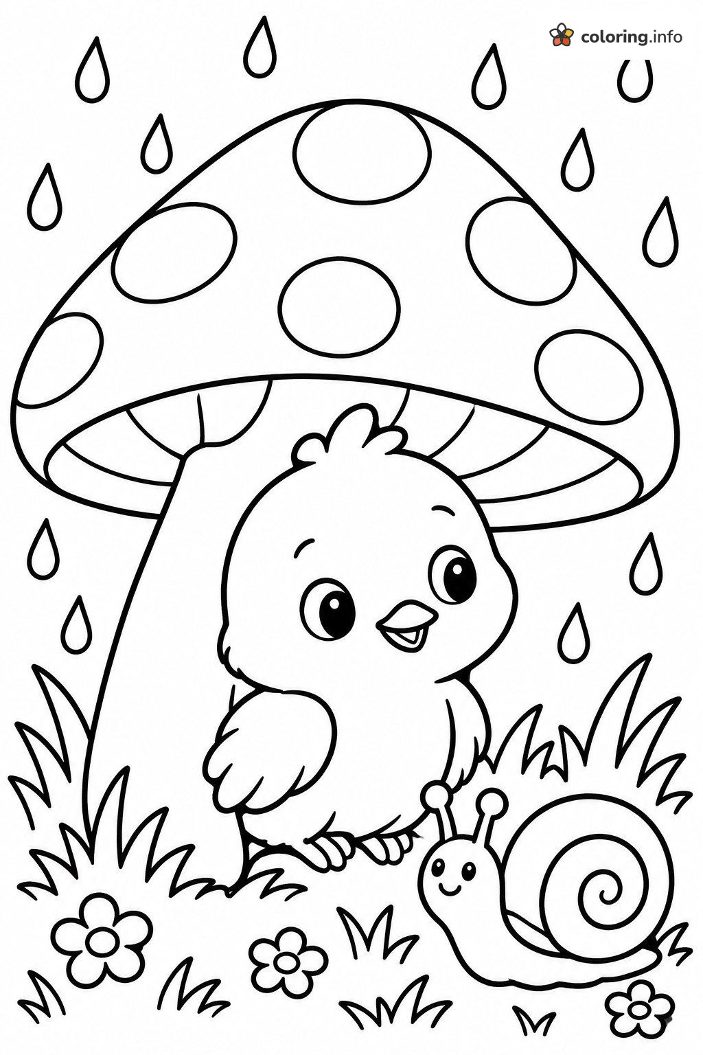 Rainy Day Baby Chick Hiding Under a Mushroom coloring page Rainy Day Baby Chick Hiding Under a Mushroom coloring page
