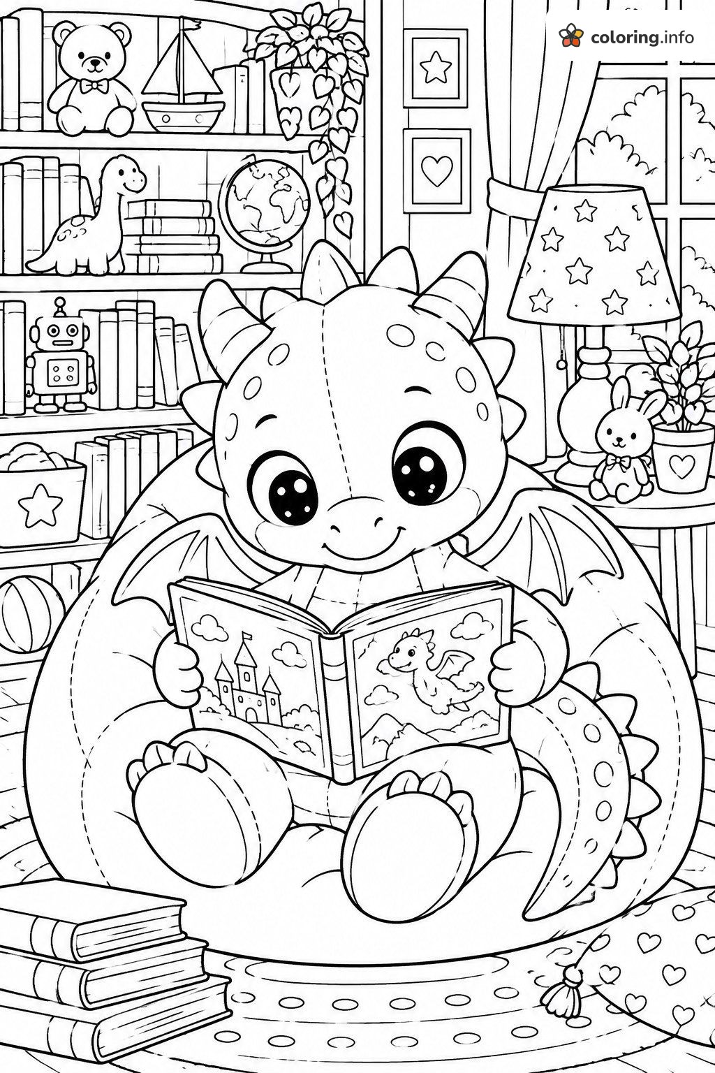 Reading Dragon Beanie Boos Page in a Cozy Playroom coloring page Reading Dragon Beanie Boos Page in a Cozy Playroom coloring page