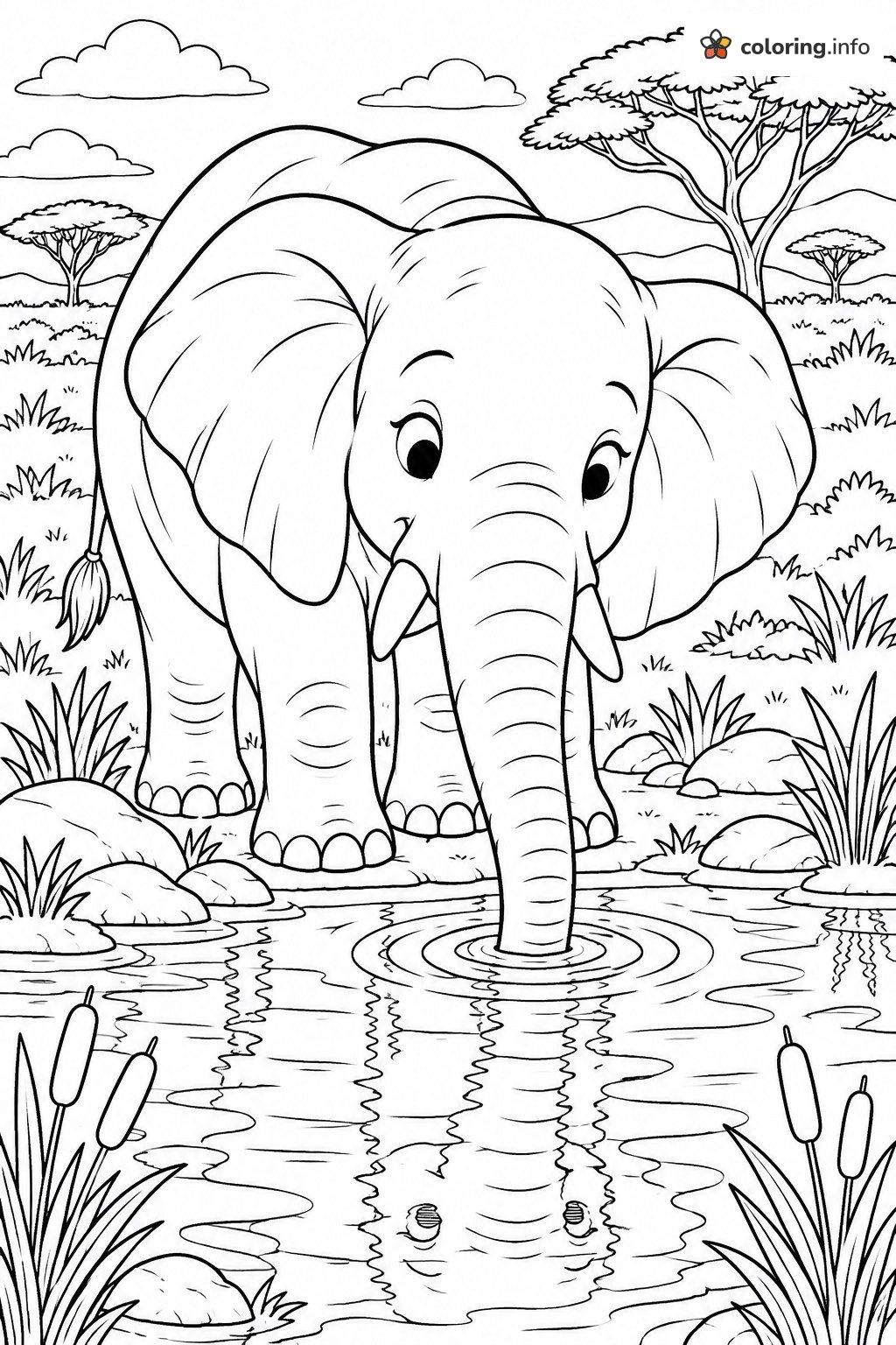 Thirsty Elephant Calf at the Watering Hole coloring page Thirsty Elephant Calf at the Watering Hole coloring page