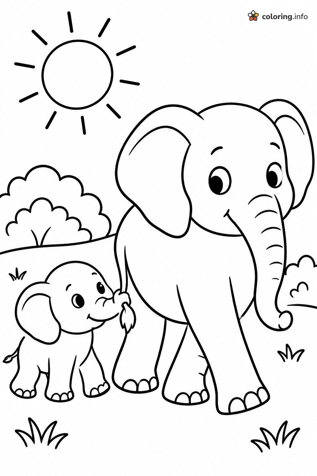 Elephant Calf Holding Mama's Tail on a Sunny Hill coloring page Elephant Calf Holding Mama's Tail on a Sunny Hill coloring page