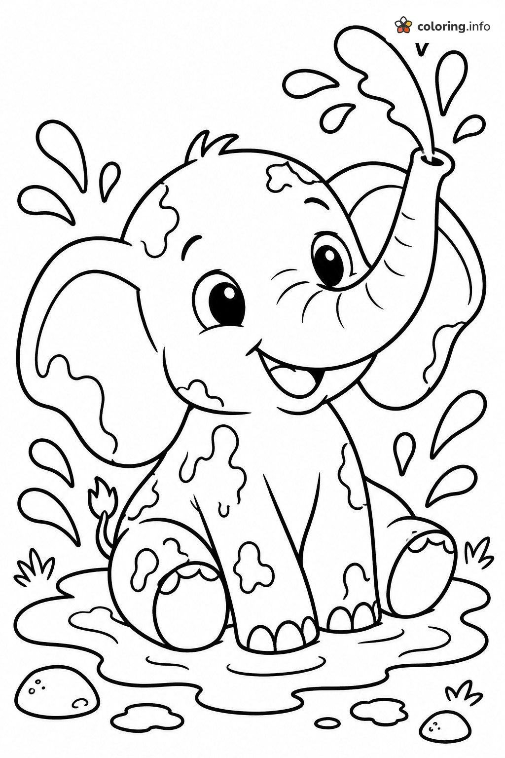 Muddy Elephant Calf Splashing in a Puddle coloring sheet Muddy Elephant Calf Splashing in a Puddle coloring sheet