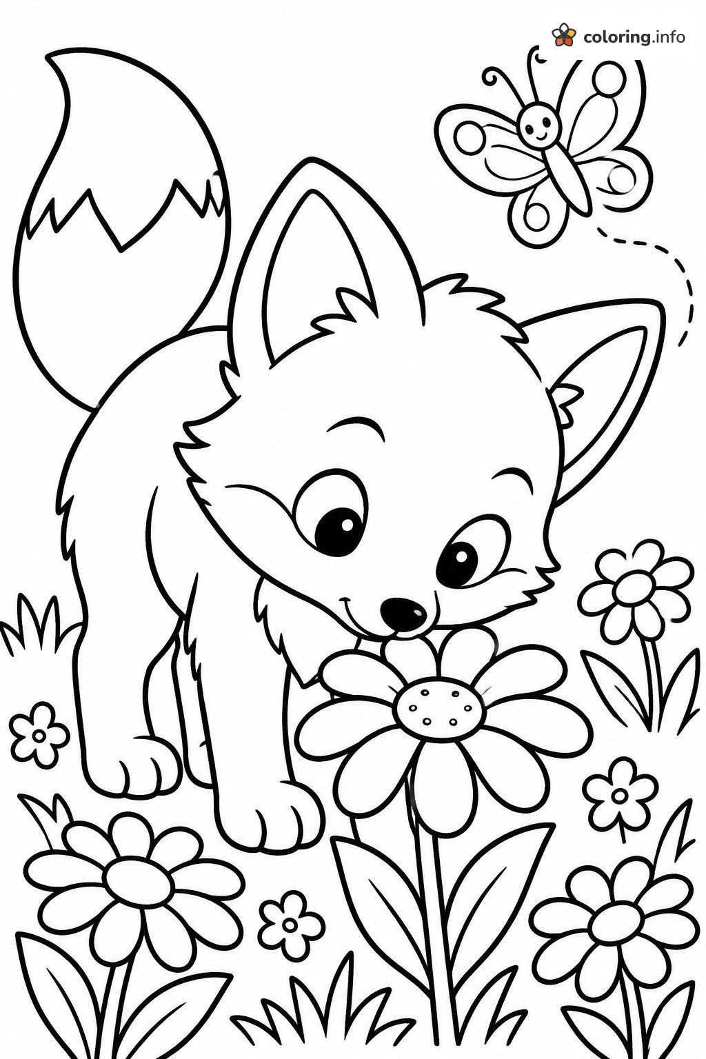 Baby Fox Sniffing a Daisy With a Butterfly Above coloring sheet Baby Fox Sniffing a Daisy With a Butterfly Above coloring sheet