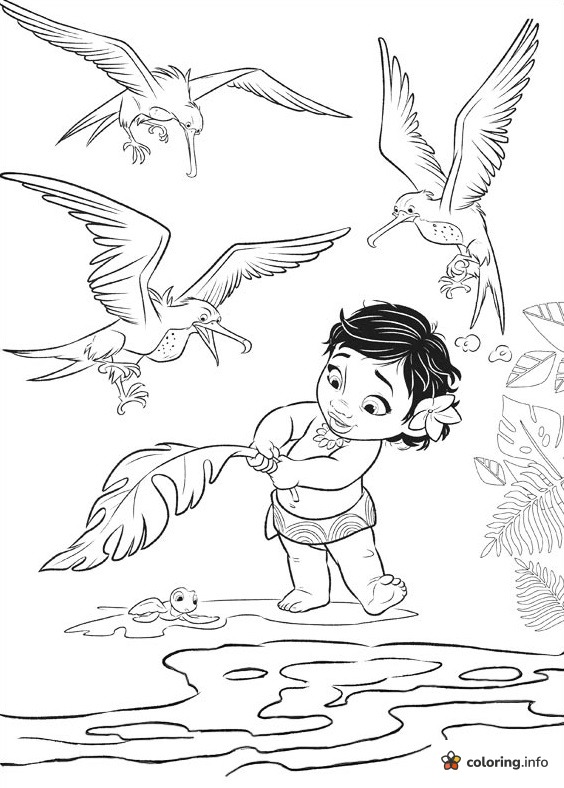 Toddler Moana, Three Seabirds and a Baby Turtle coloring page Toddler Moana, Three Seabirds and a Baby Turtle coloring page