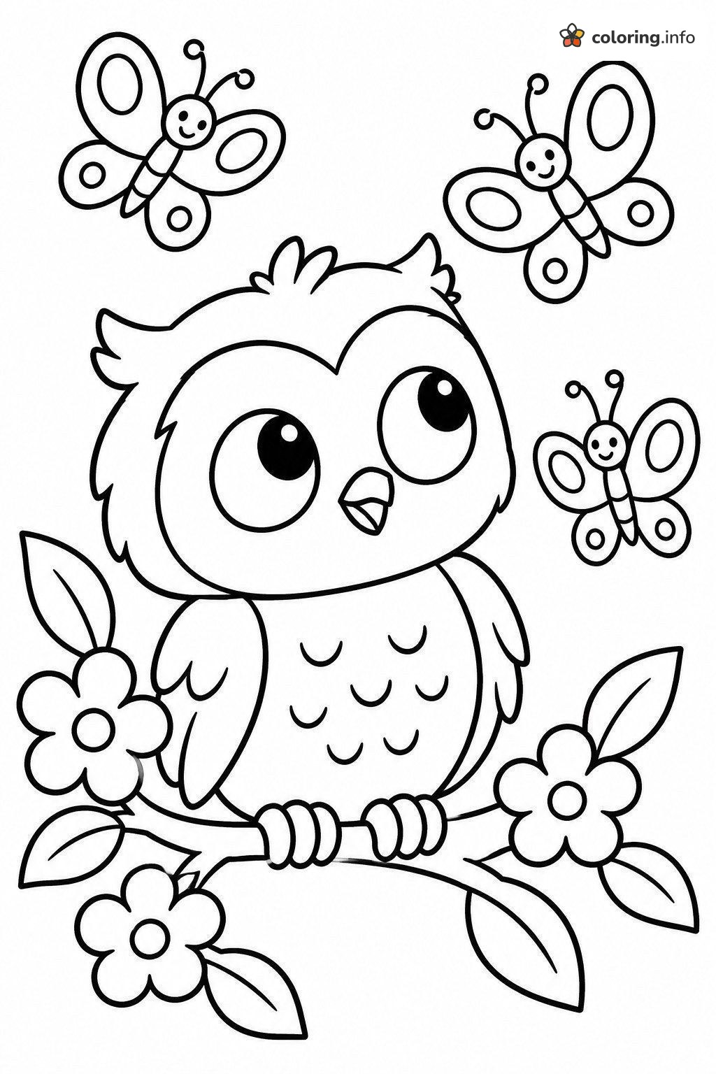 Little Owl Watching Three Butterflies by the Blossoms coloring page Little Owl Watching Three Butterflies by the Blossoms coloring page