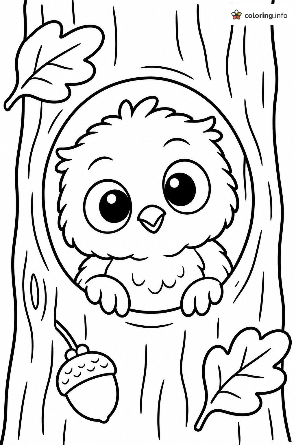 Peekaboo Baby Owl in a Tree Hollow coloring page Peekaboo Baby Owl in a Tree Hollow coloring page