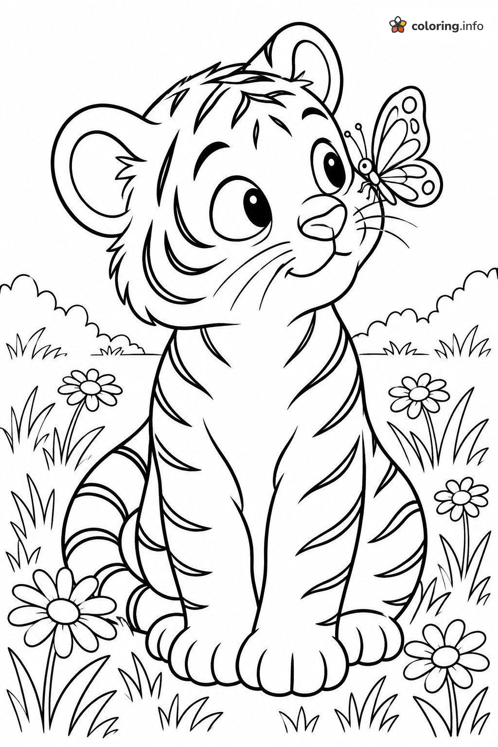 Butterfly on a Tiger Cub's Nose in the Meadow coloring sheet Butterfly on a Tiger Cub's Nose in the Meadow coloring sheet