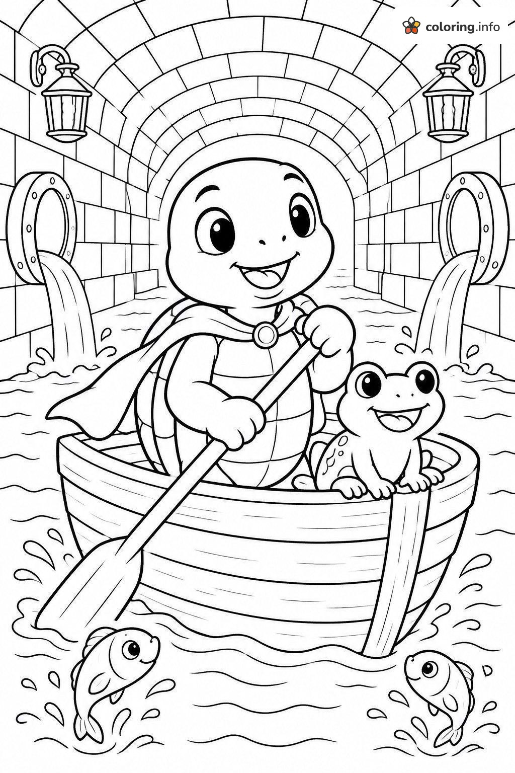 Little Teenage Mutant Ninja Turtle Rowing Through a Brick Sewer Tunnel coloring page Little Teenage Mutant Ninja Turtle Rowing Through a Brick Sewer Tunnel coloring page